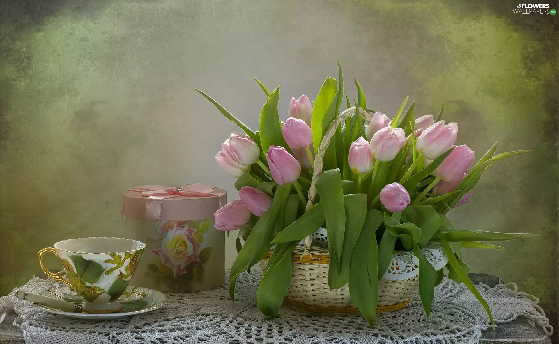 cup, Box, Flowers, Tulips, composition