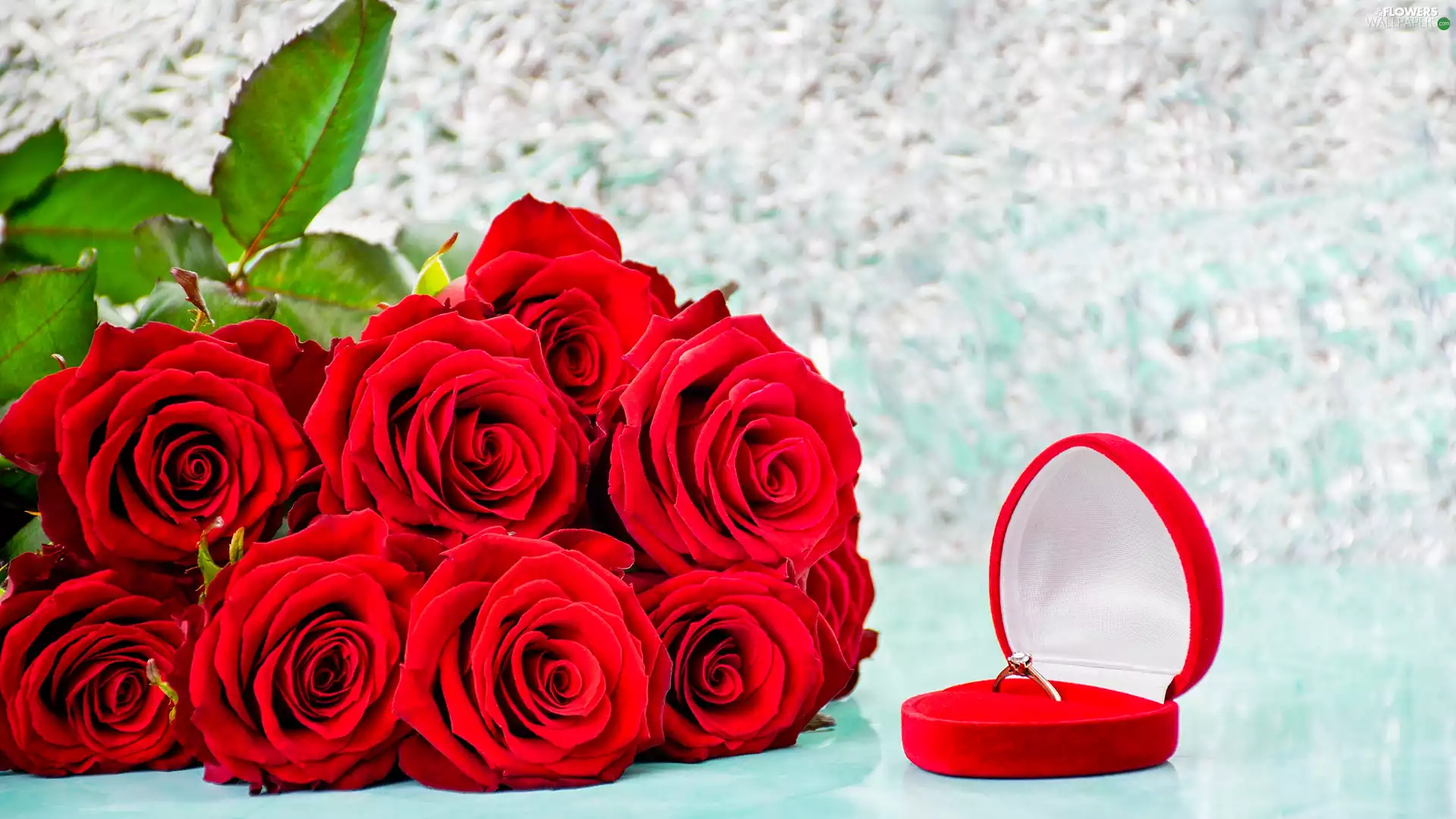 Ring, Box, roses, bouquet, Red