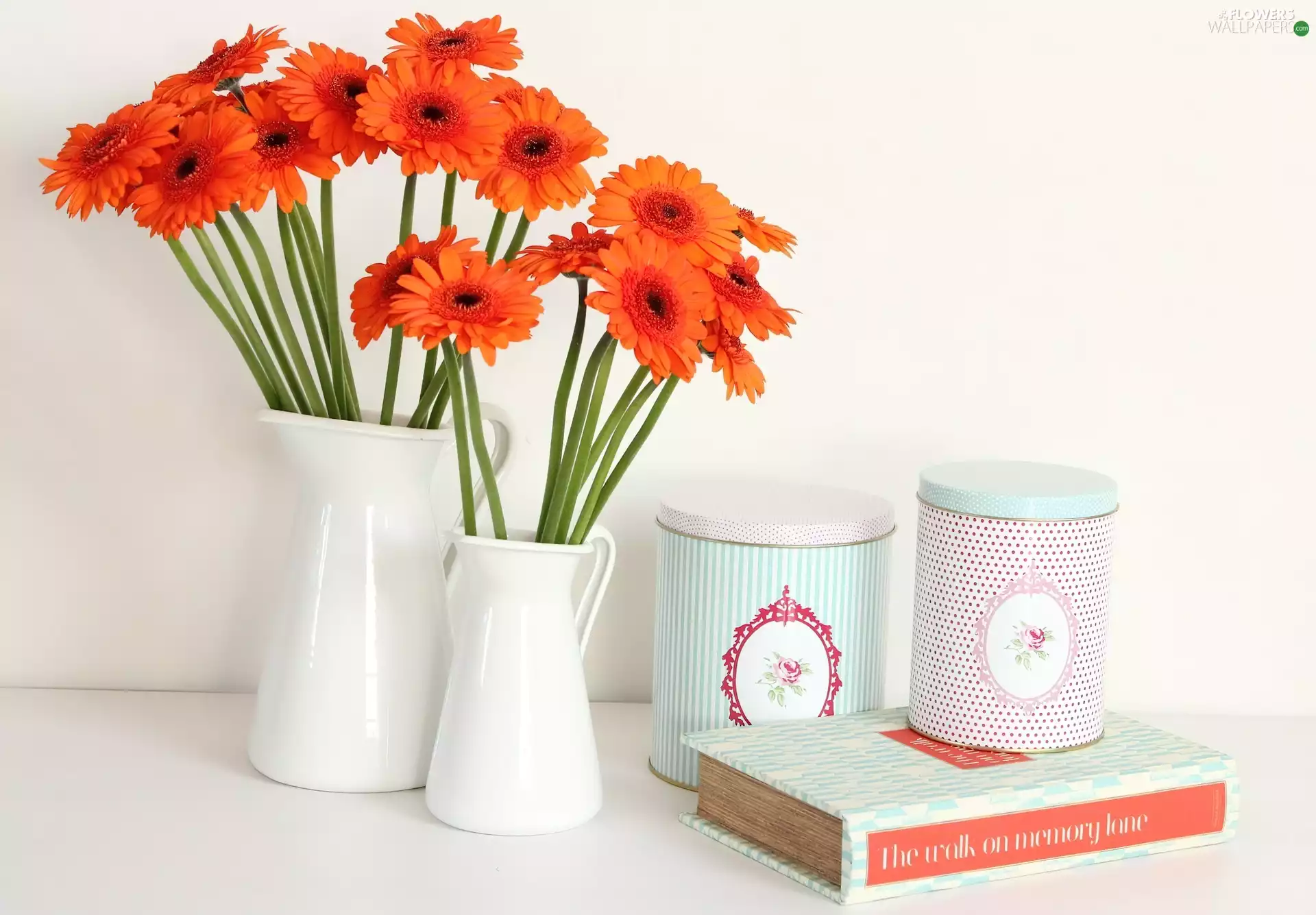 Orange, White, Boxes, Book, gerberas, bottles