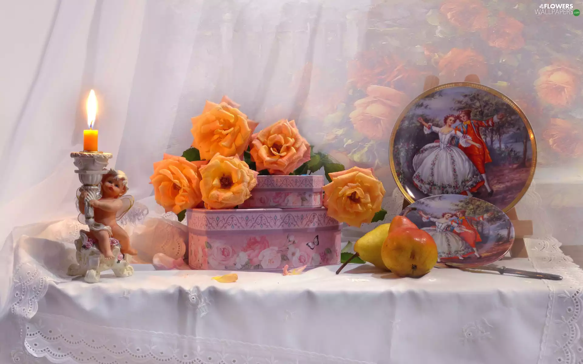 Boxes, candlestick, Plates, angel, paint, roses, composition, truck concrete mixer