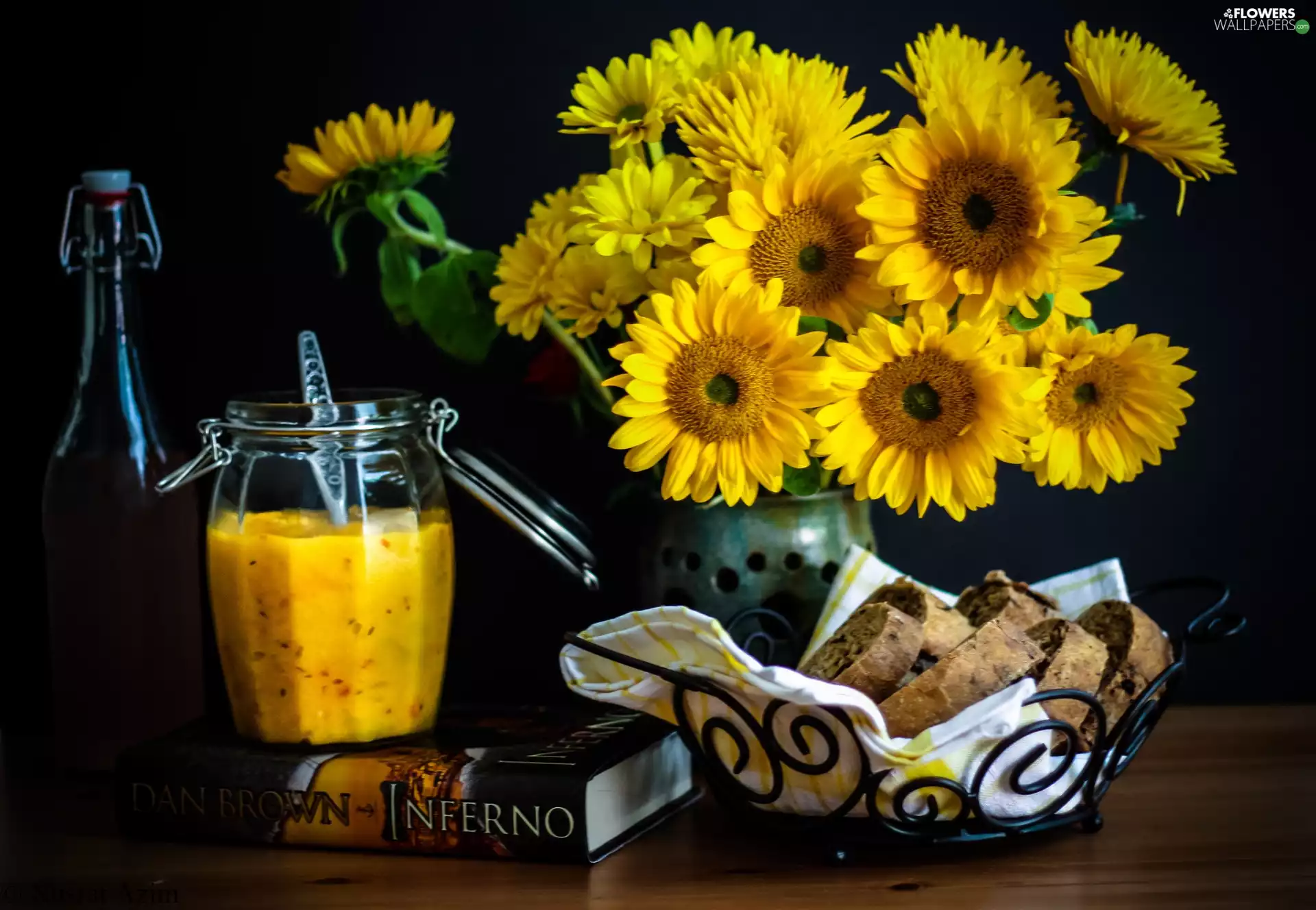 Flowers, Jam, bread, sunflowers