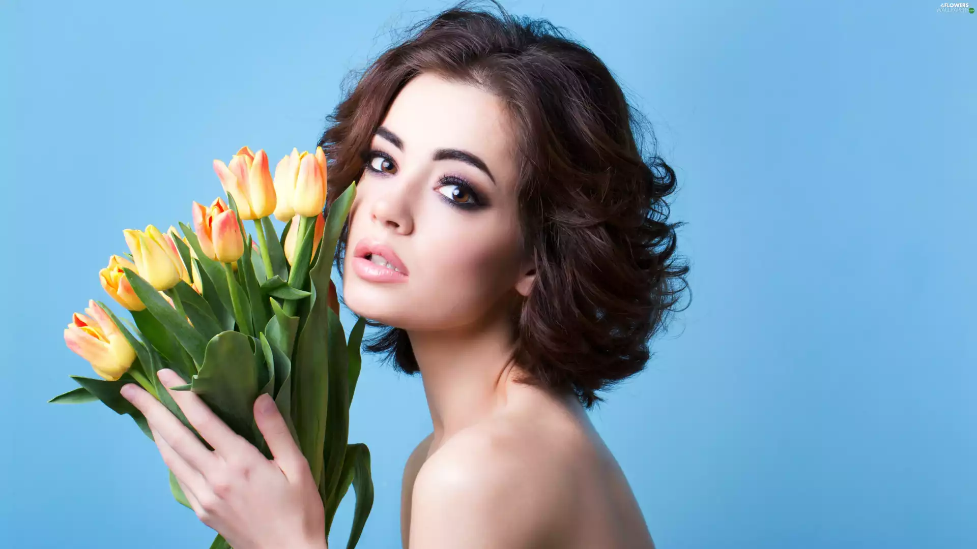 bouquet, Tulips, light brown, make-up, Women