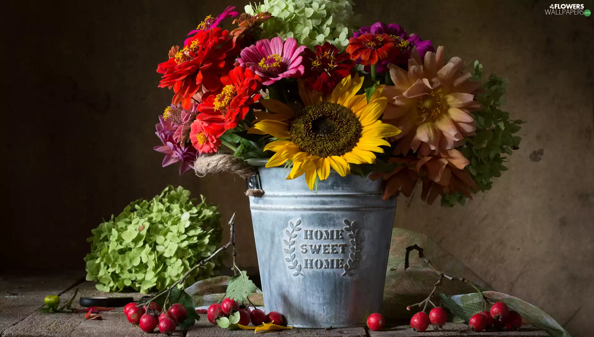 Zinnias, Bucket, Flowers, Sunflower, bouquet