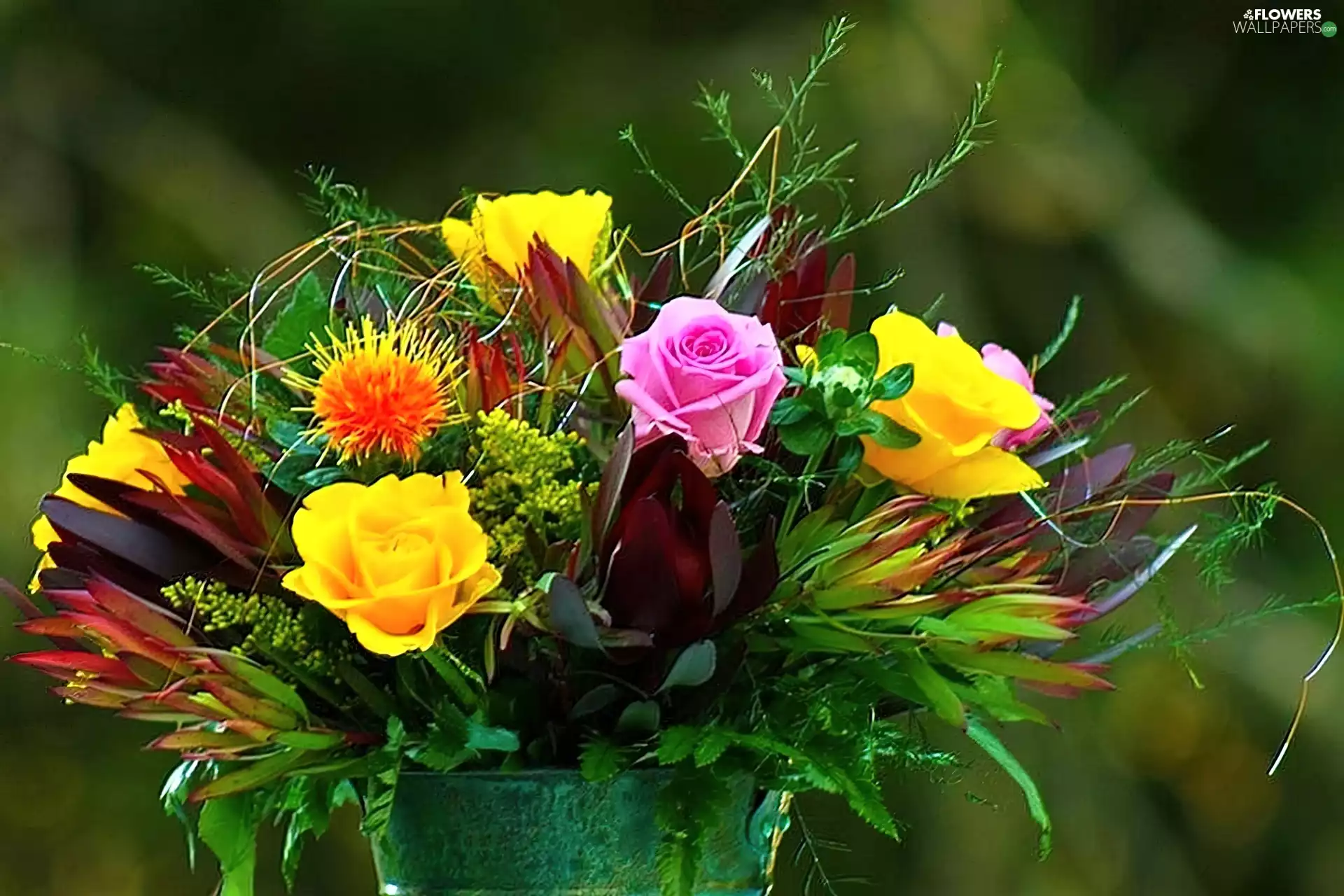 bucket, bouquet, flowers
