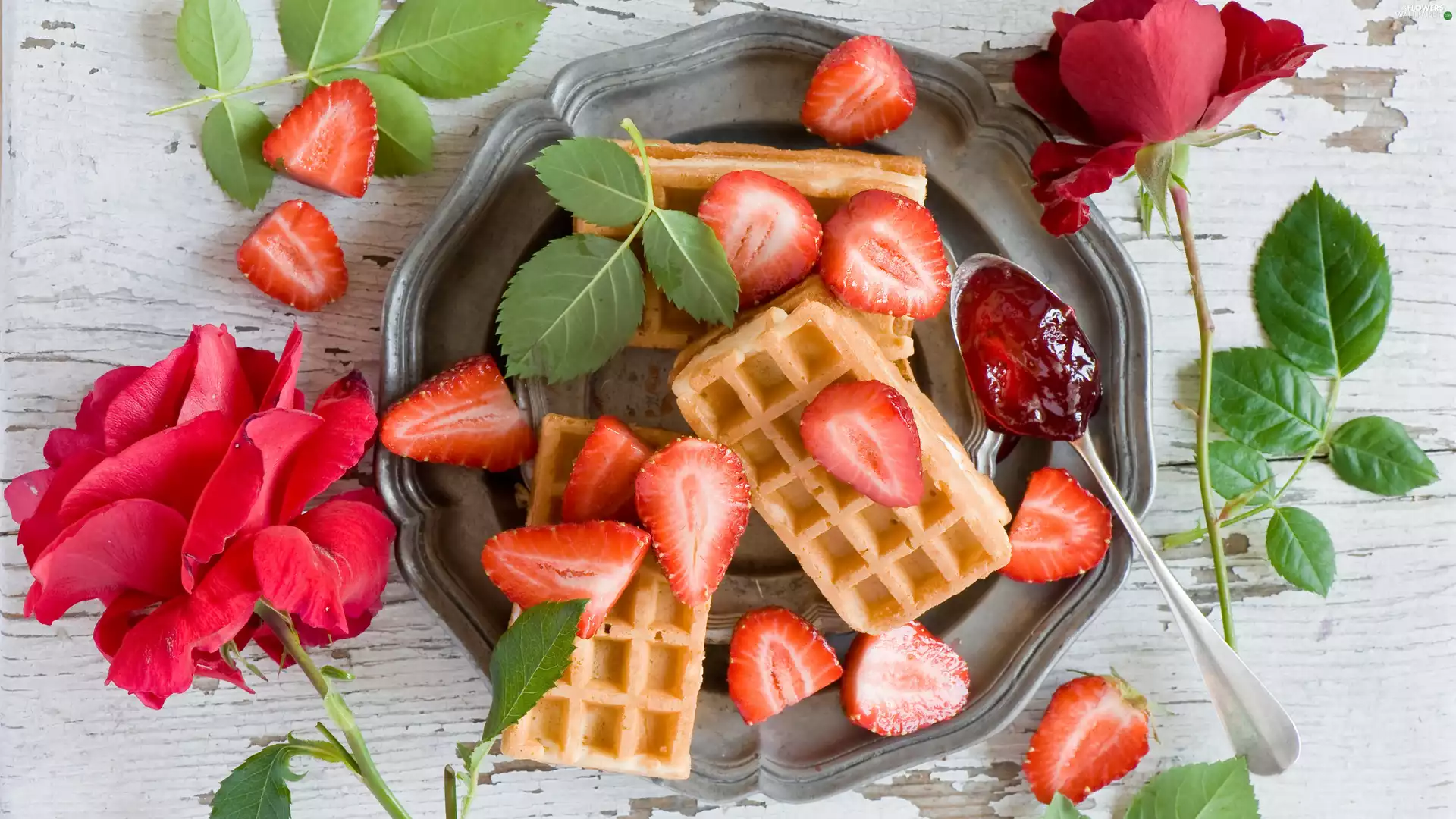 plate, bucket, strawberries, roses, waffles