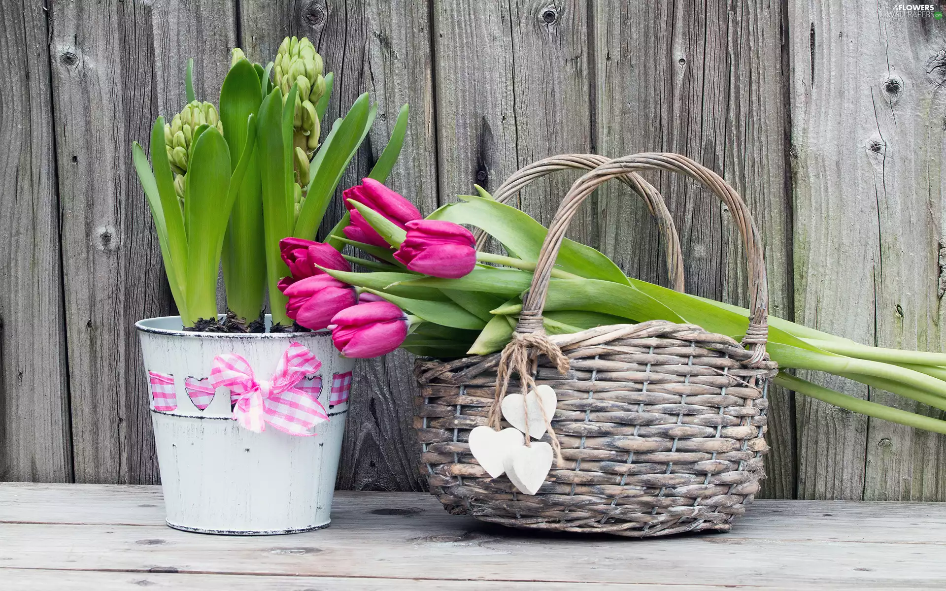 basket, bouquet, Hyacinths, Bucket, hearts, Tulips
