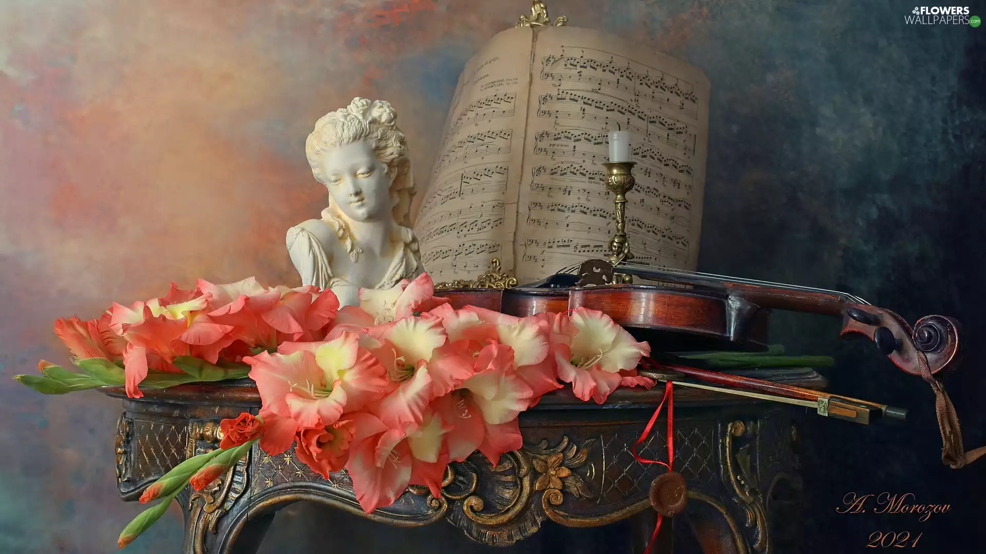 Flowers, Tunes, table, bust, violin, gladioli, composition