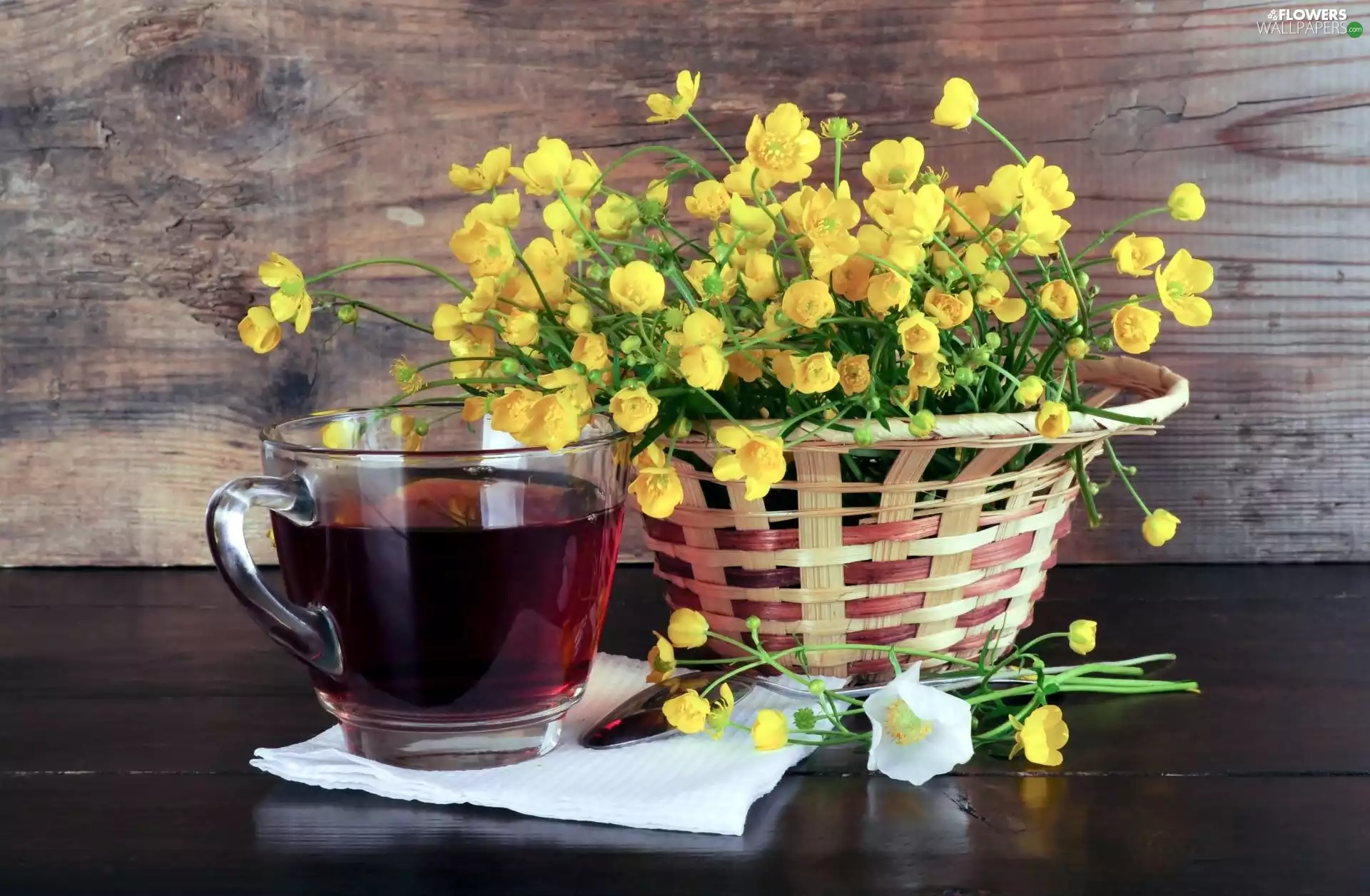 basket, tea, Creeping Buttercup, bouquet, composition