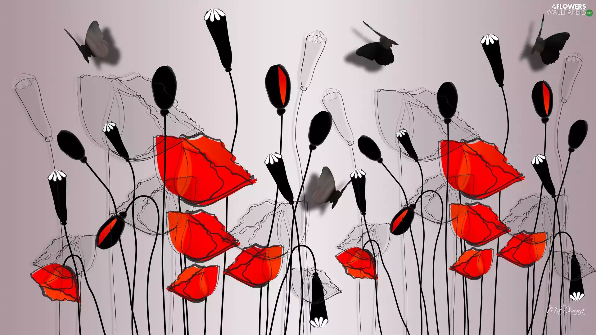 Flowers, butterflies, 2D Graphics, papavers
