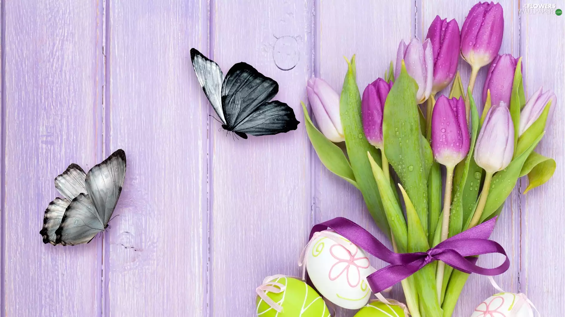 eggs, Flowers, Easter, butterflies, eggs, Tulips