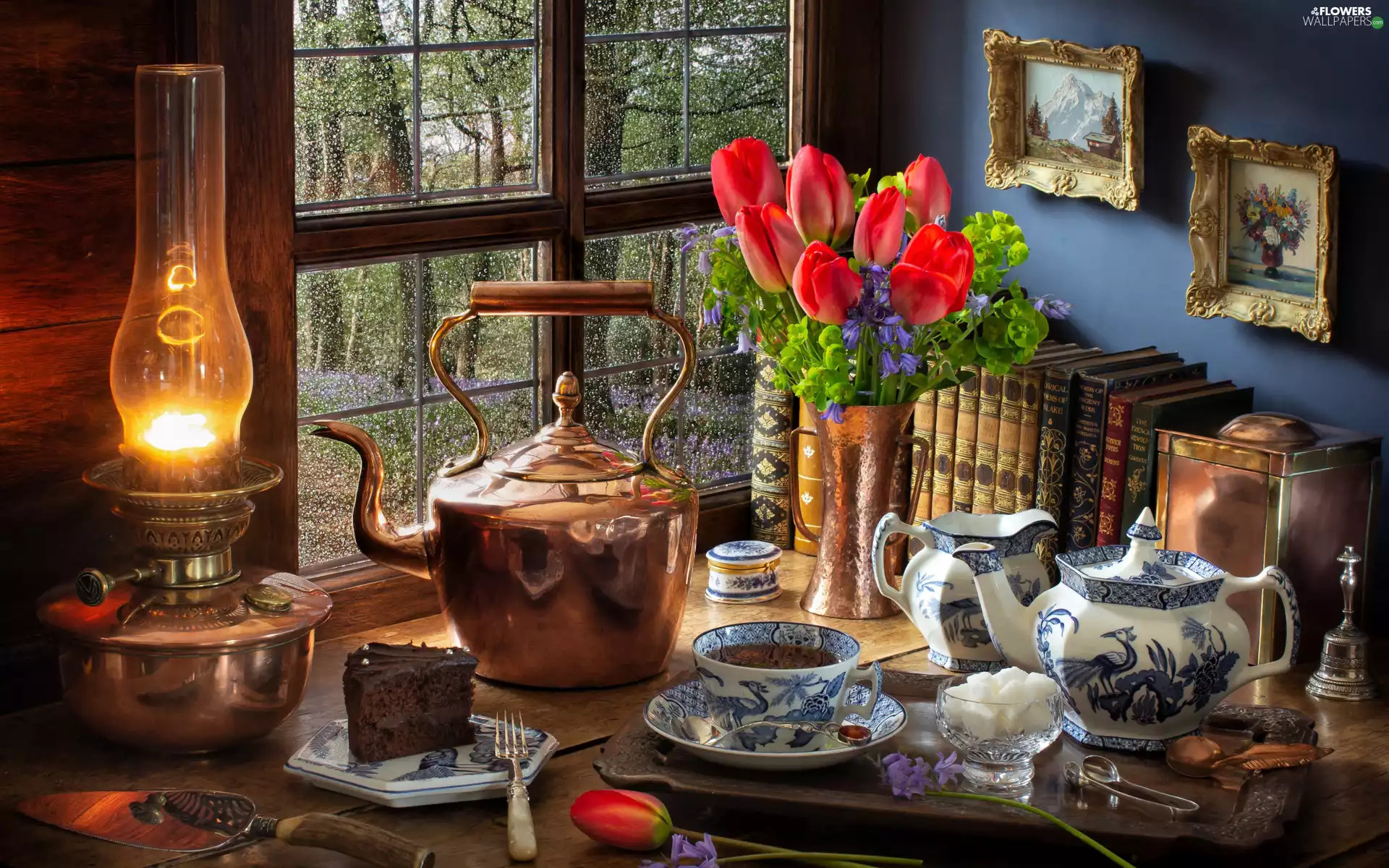 Books, Flowers, service, tea, composition, Window, kettle, Paintings, cake, Oil Lamp, Tulips, porcelain, sugar