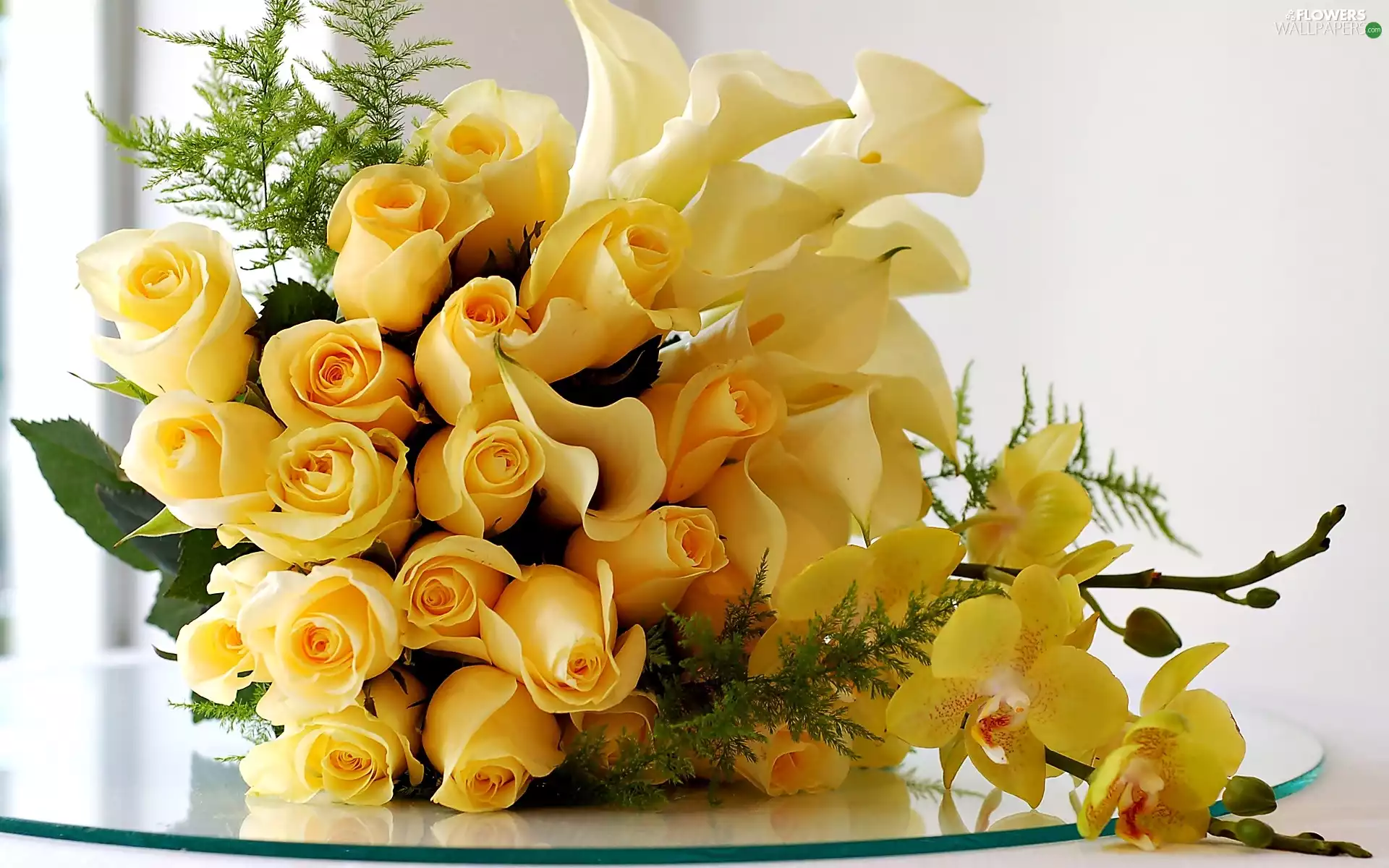 Calla, orchids, flowers, roses, bouquet