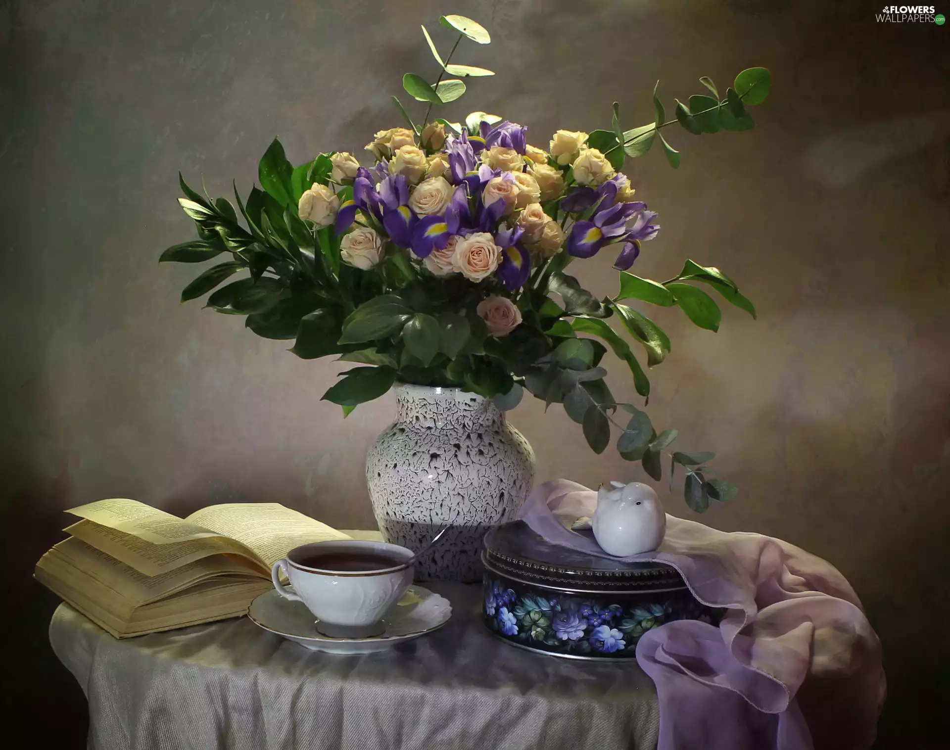 Irises, Flowers, Vase, Twigs, cup, composition, Can, roses, bouquet, tea, Book
