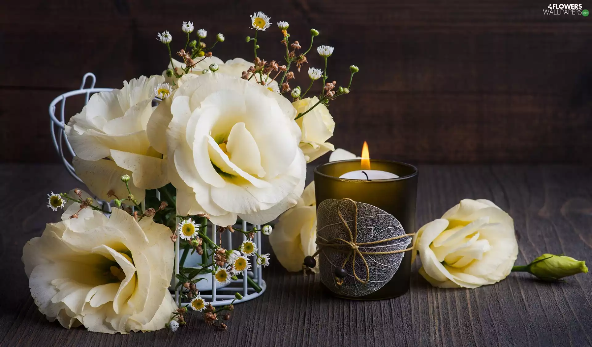 Erigeron, candle, Flowers, Eustoma, composition
