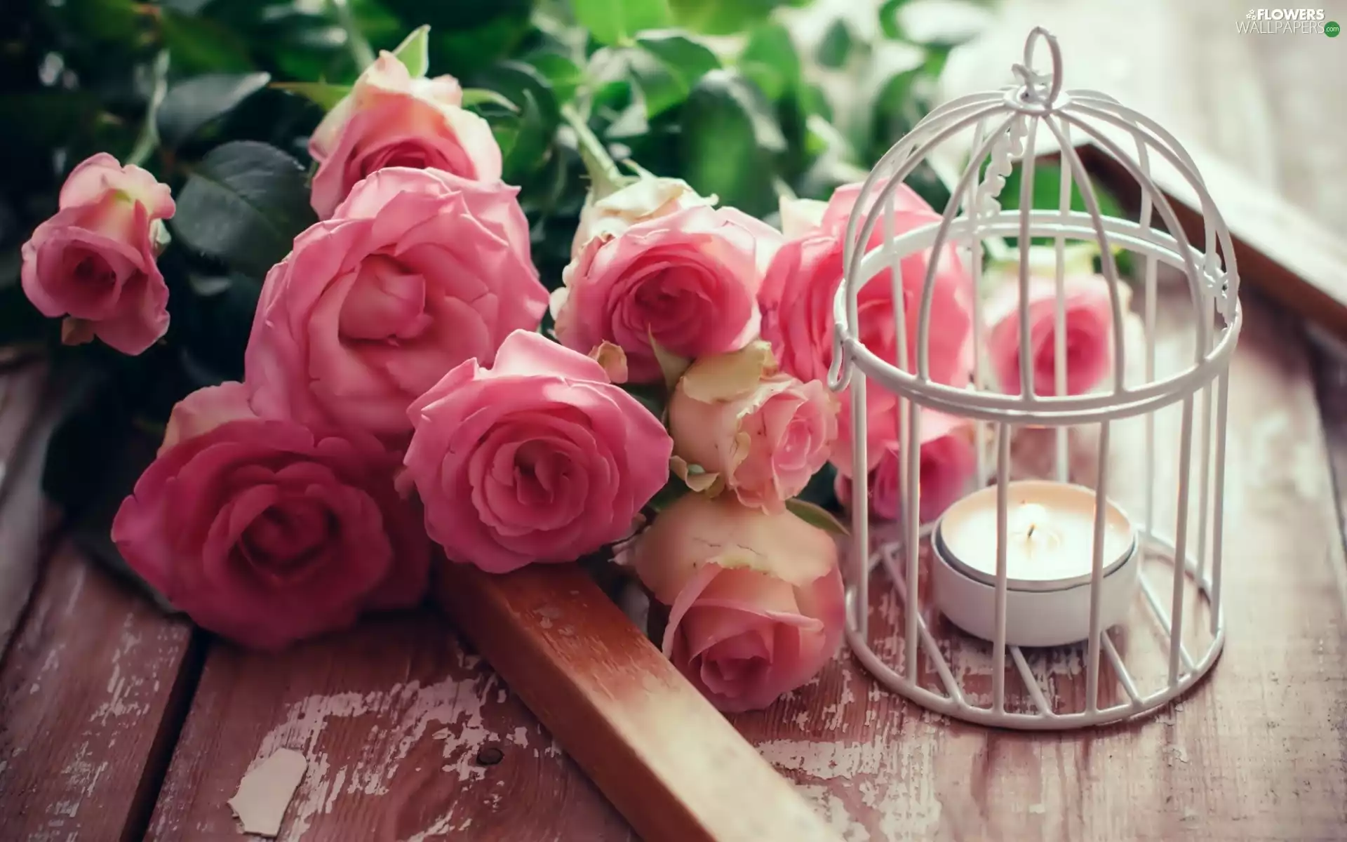bouquet, candle, Pink, roses, composition