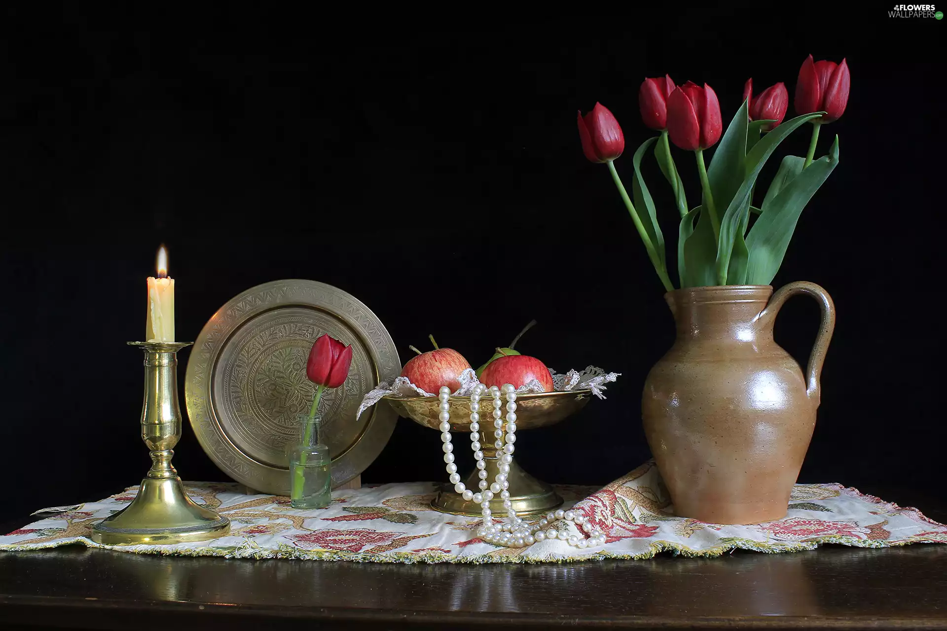Tulips, candlestick, plateau, candle, composition, apples, plate