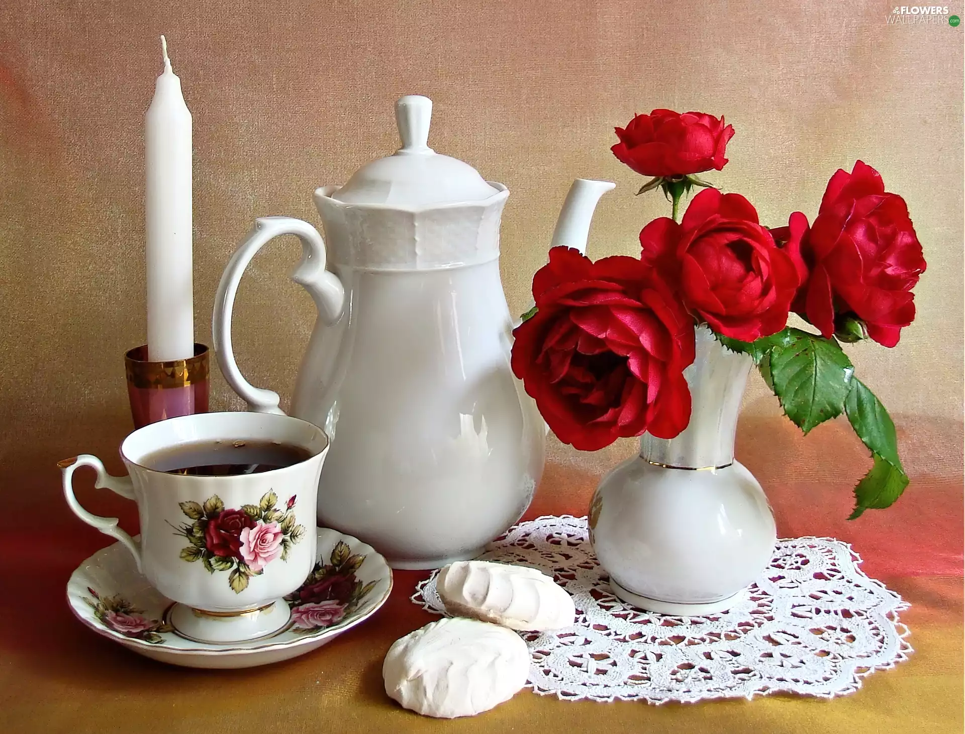 cup, composition, coffee, candle, jug, roses