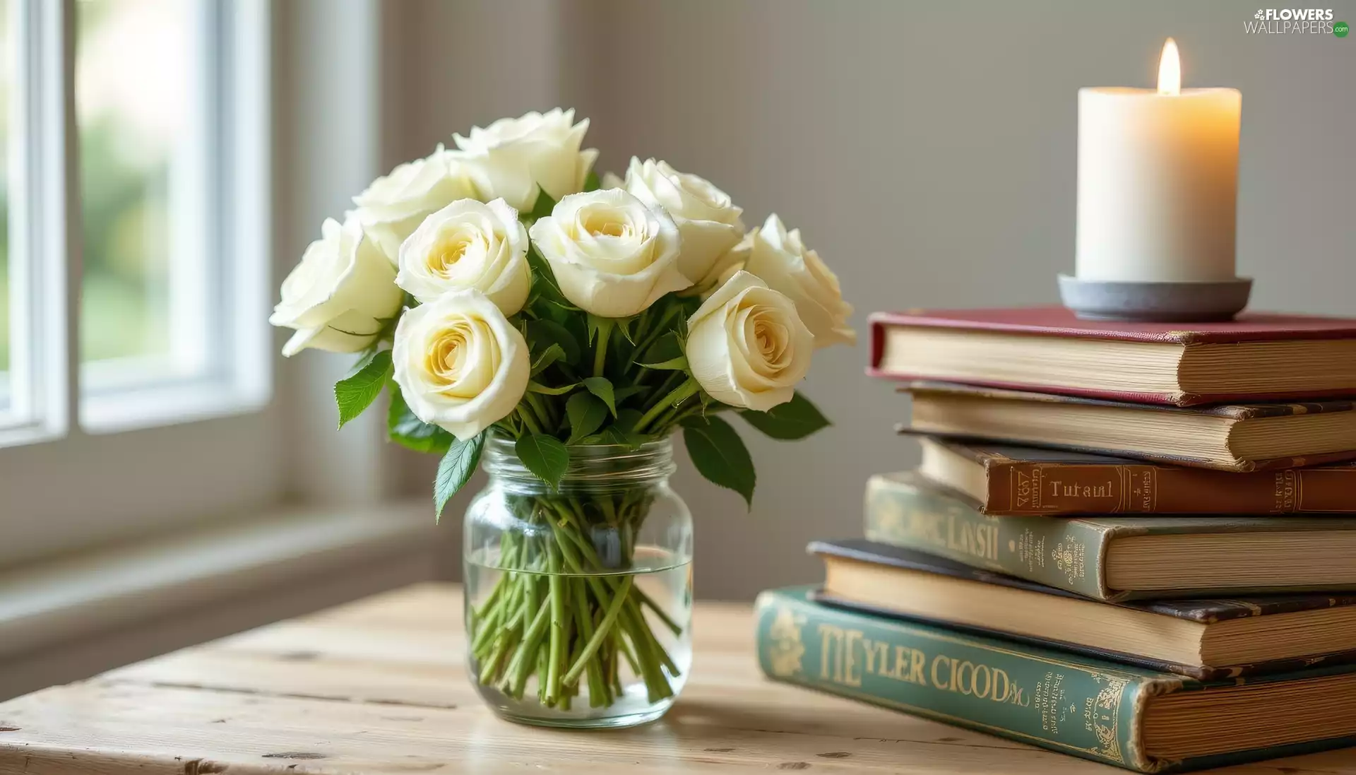roses, jar, Window, Books, Table, White, Flowers, candle