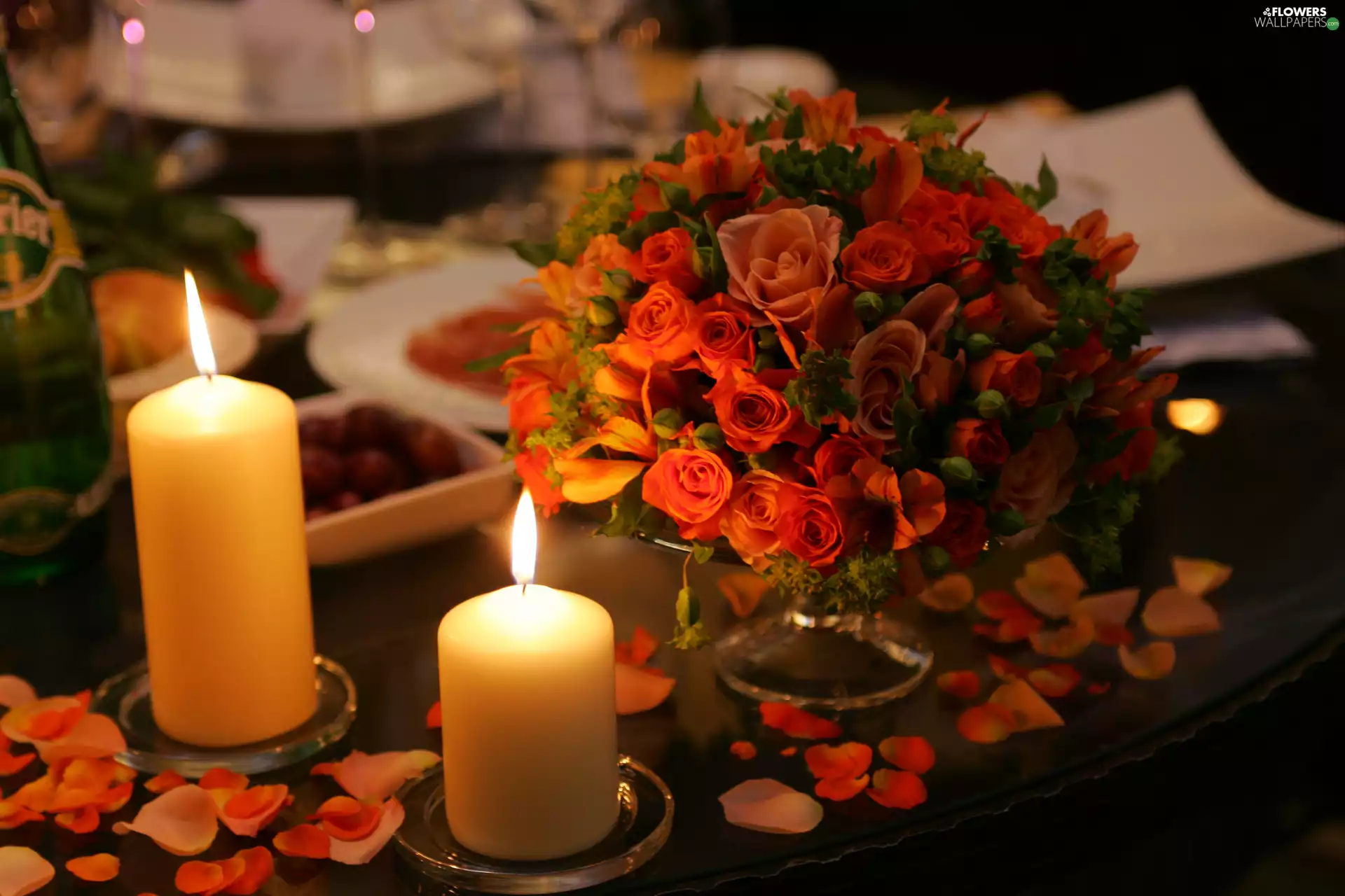 flakes, candles, bouquet, roses, composition