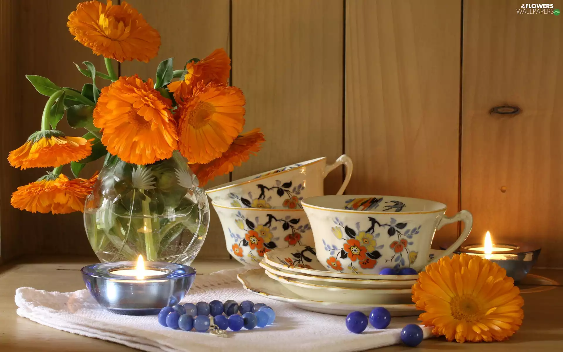Calendula Officinalis, bouquet, Candles, composition, cups, Flowers
