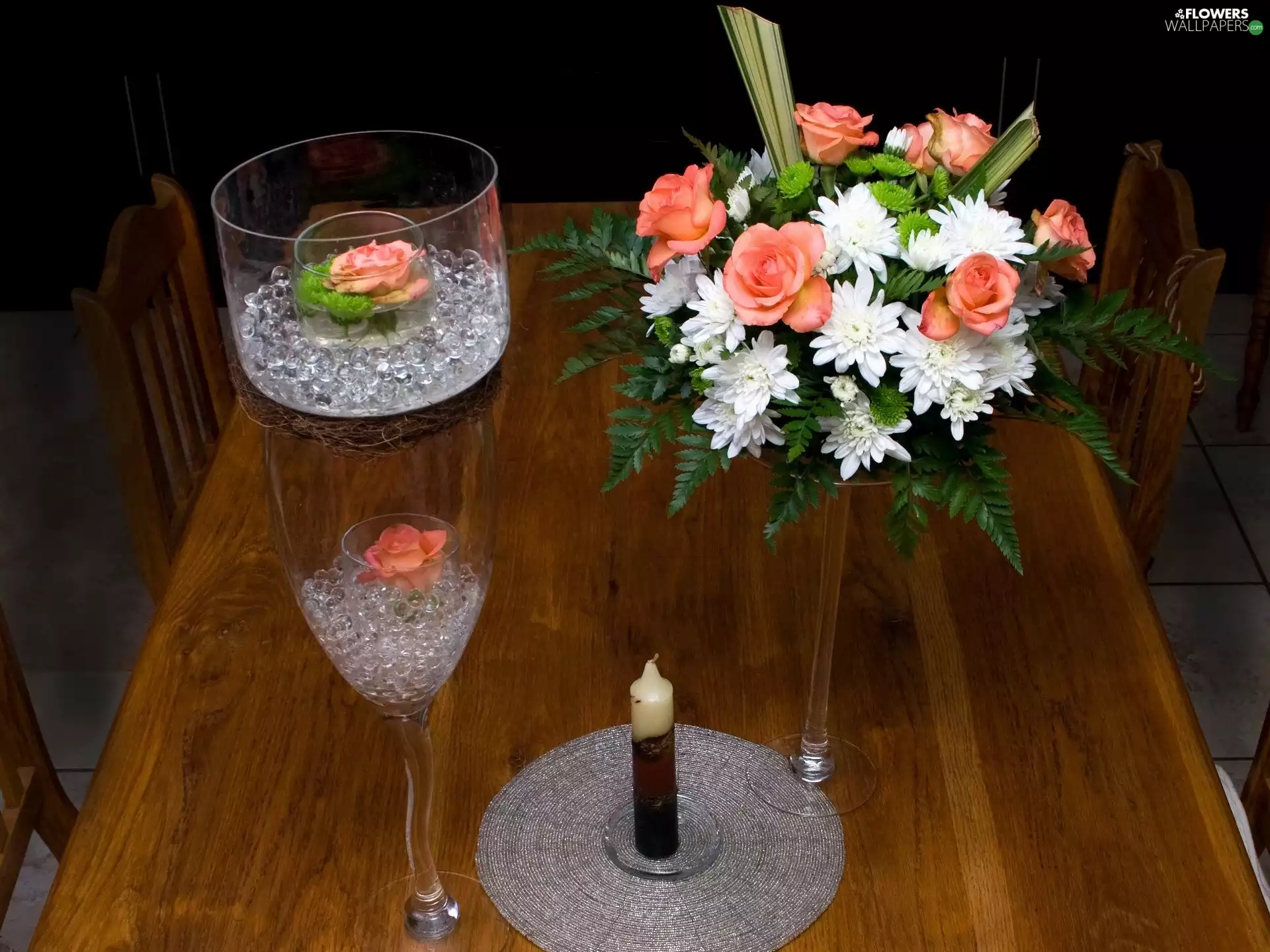 bouquet, Table, Candles, rouge