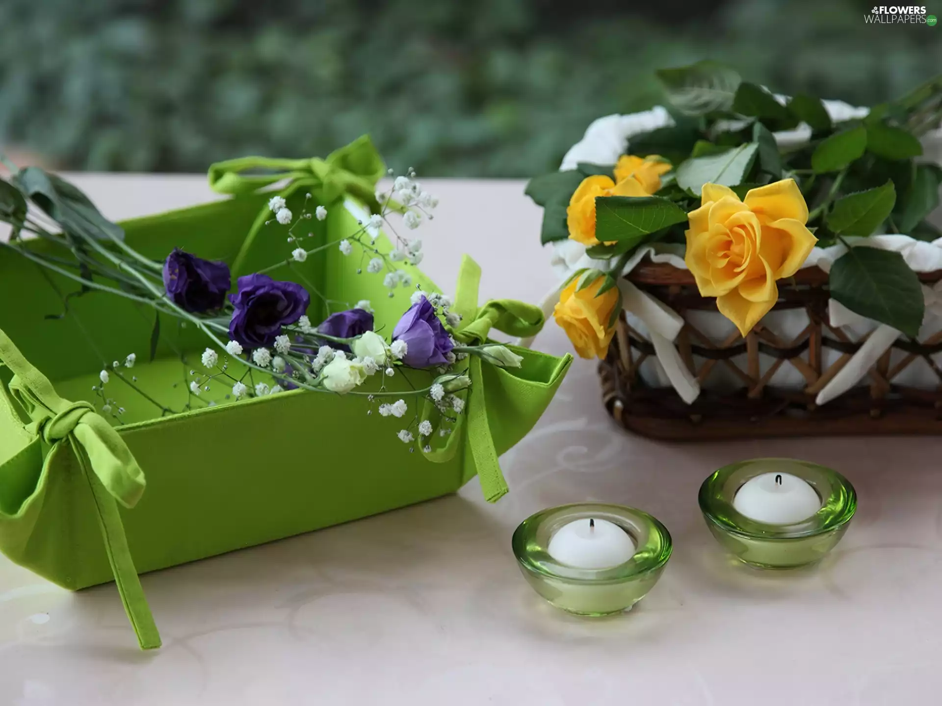 basket, Candles, Yellow, roses, composition