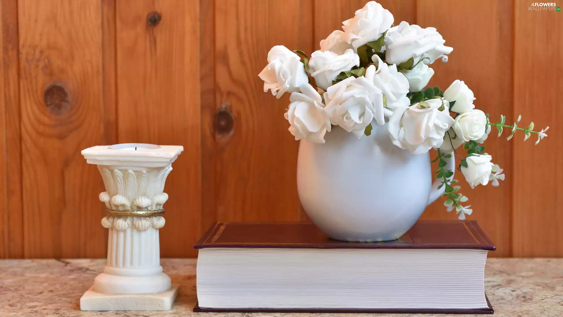 roses, Flowers, Book, candlestick, Vase, White