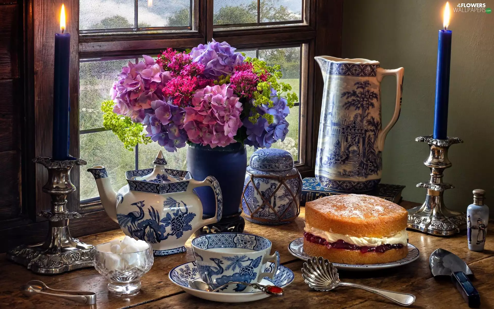 candlesticks, Window, hydrangeas, cake, jug, composition, candle, cup, Candles, sugar