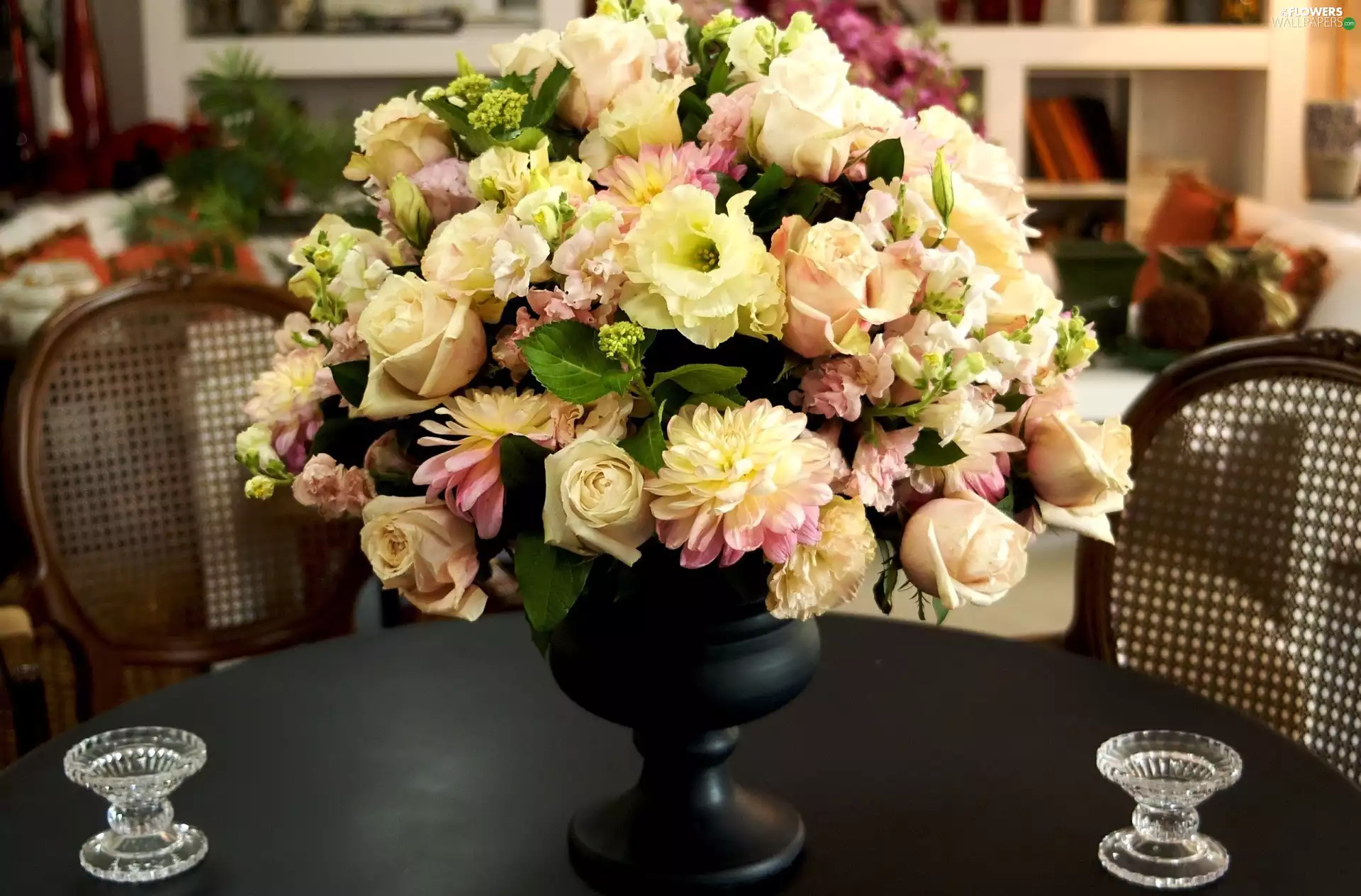 Table, flowers, candlesticks, bouquet