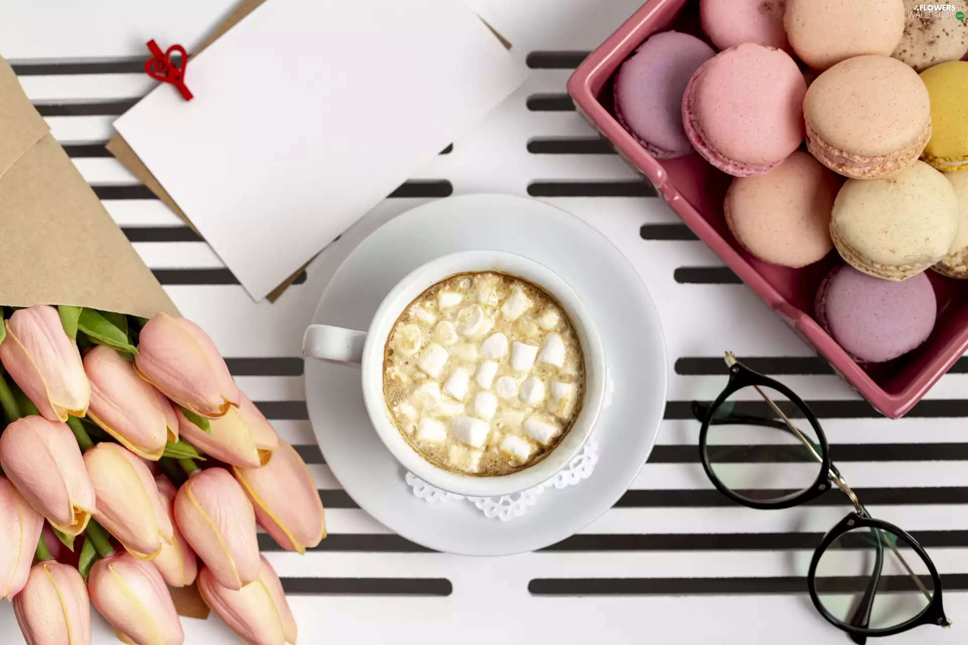card, Tulips, cup, Macaroons, Foams, Flowers, bouquet, Glasses, Cookies, White