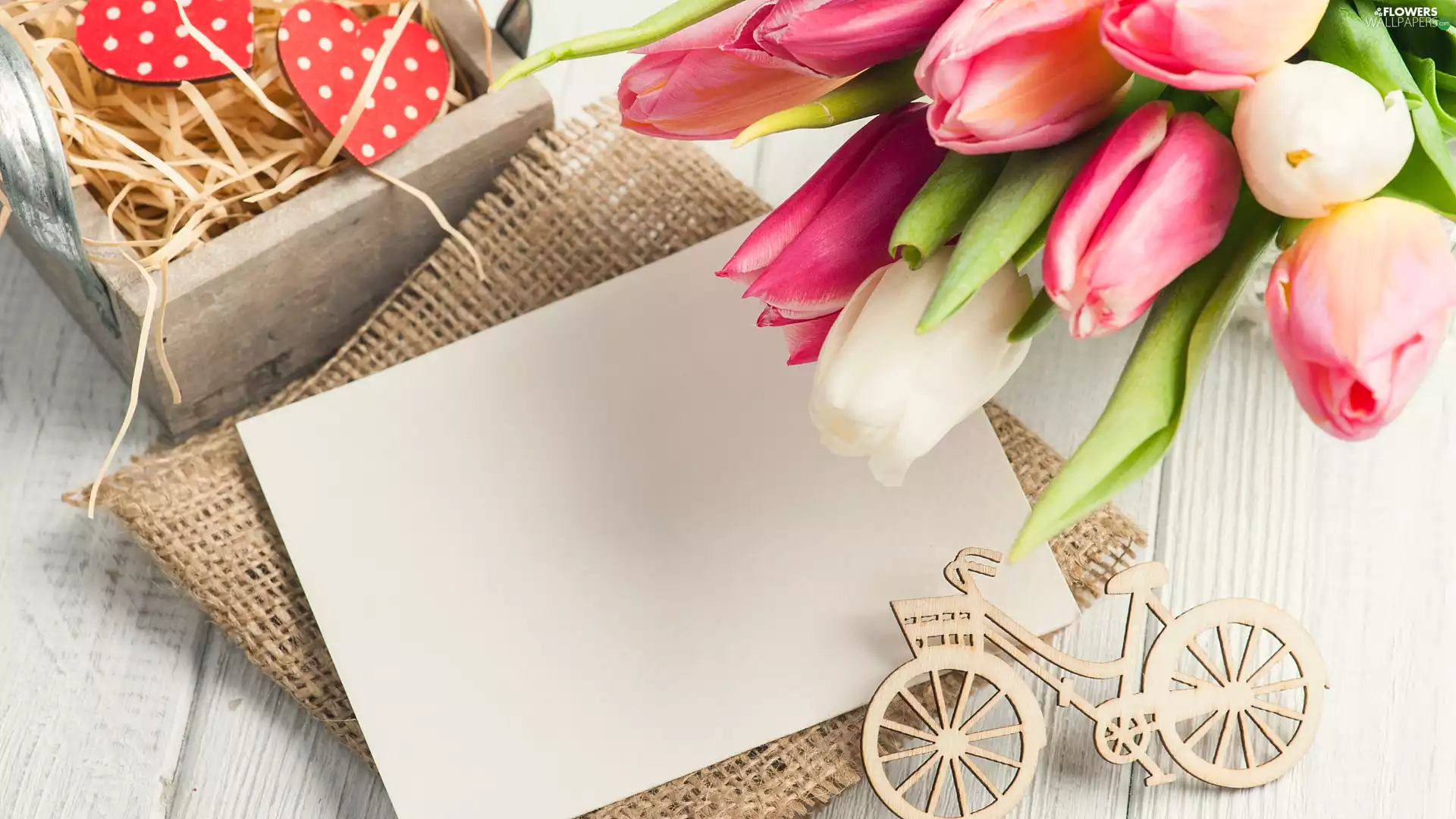 wooden, Tulips, Heart, card, color, Bike, Hay