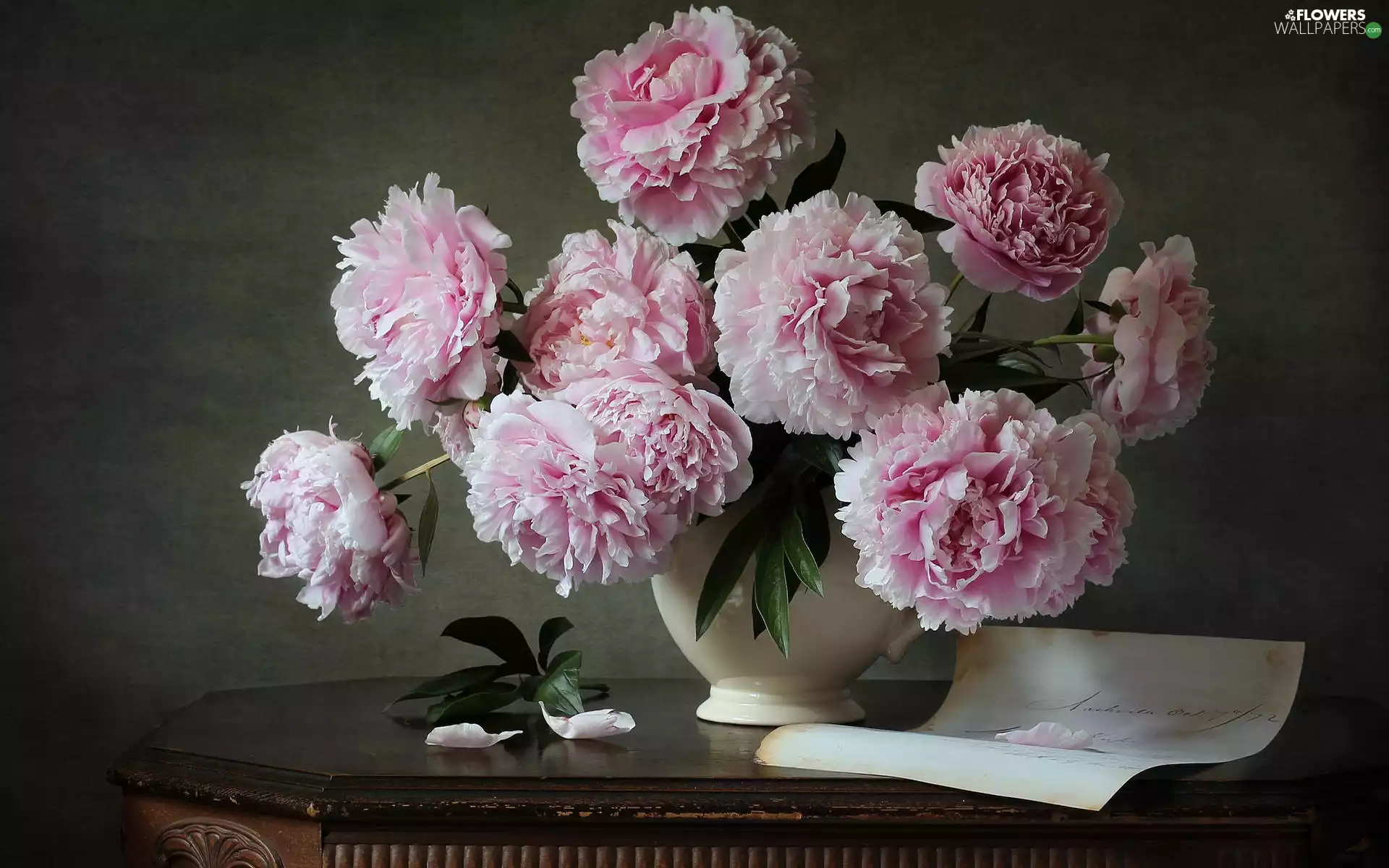 Peonies, Flowers, Vase, card, bouquet, Pink