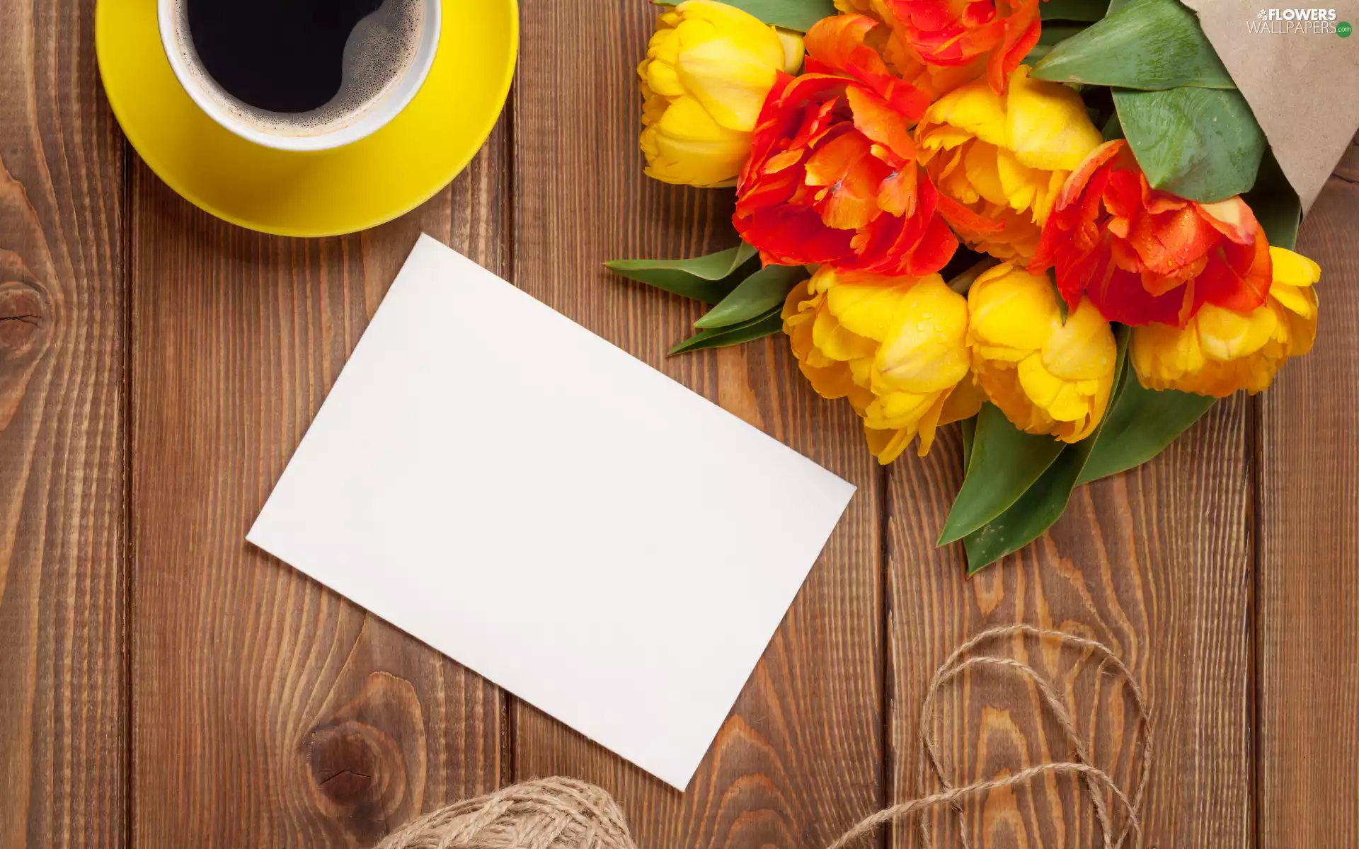 card, coffee, bouquet, background, Tulips, cup, Flowers, boarding, twine, White
