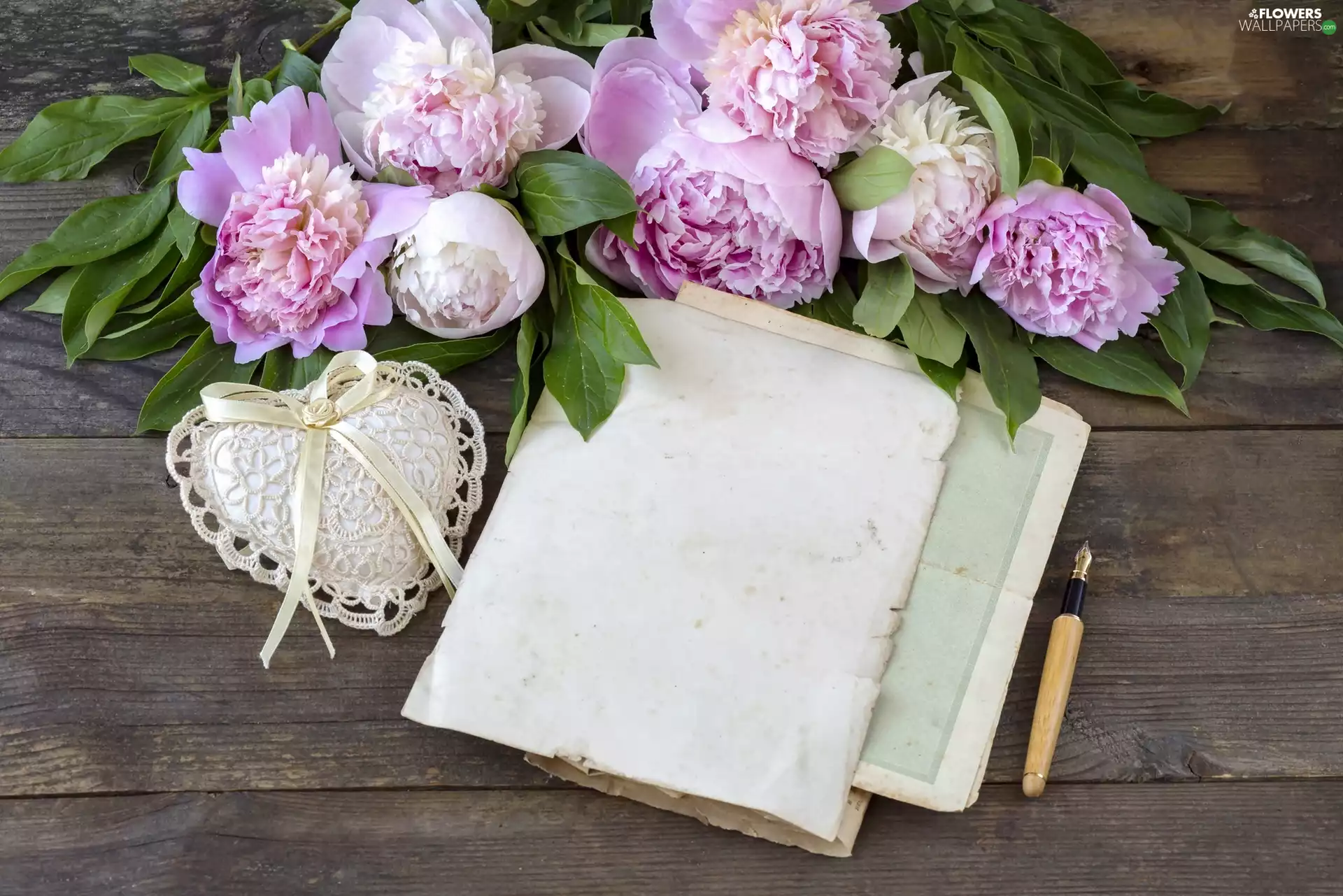 pen, Cards, Lace, Heart, Peonies