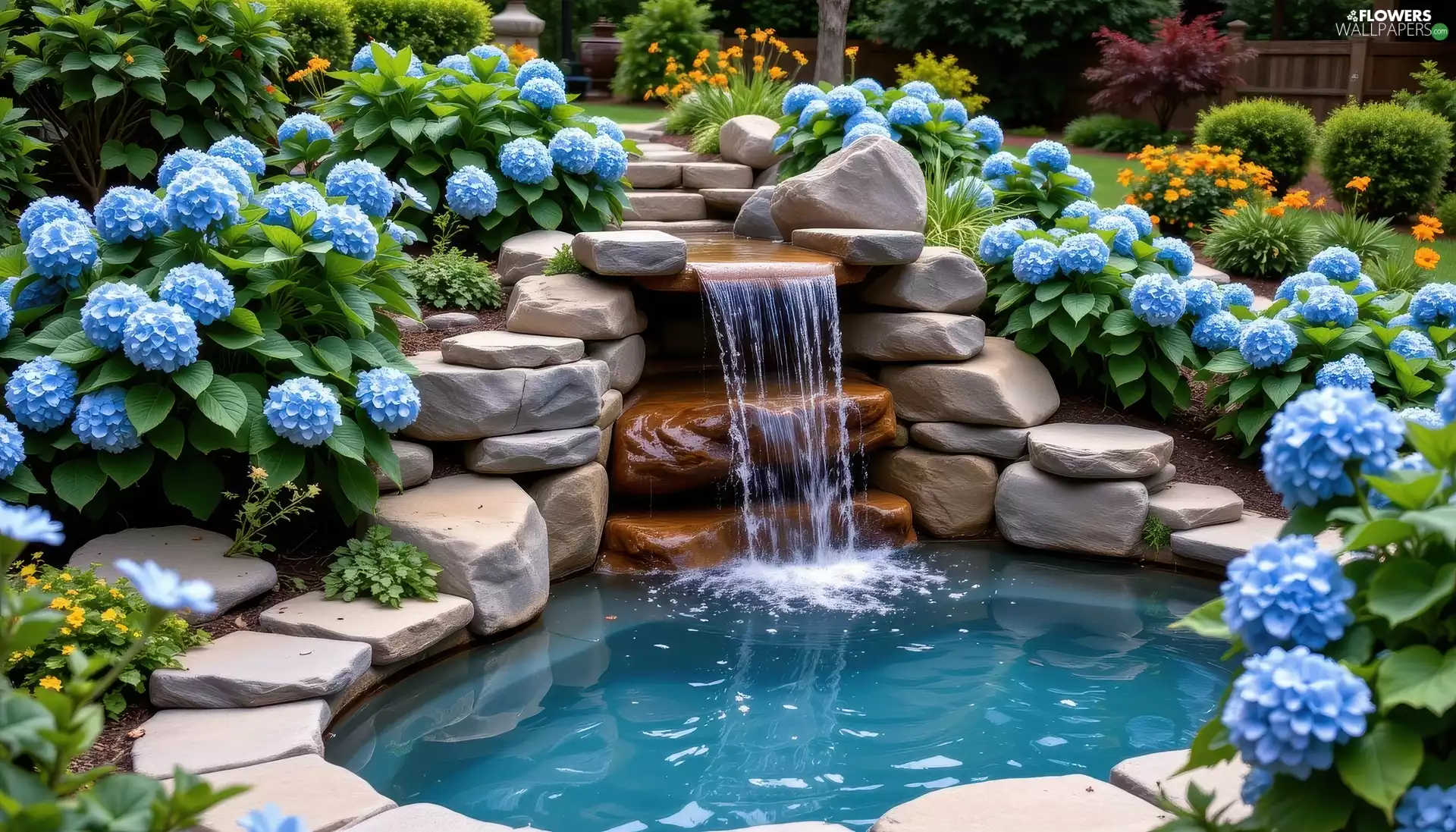Stones, cascade, Flowers, hydrangeas, Garden
