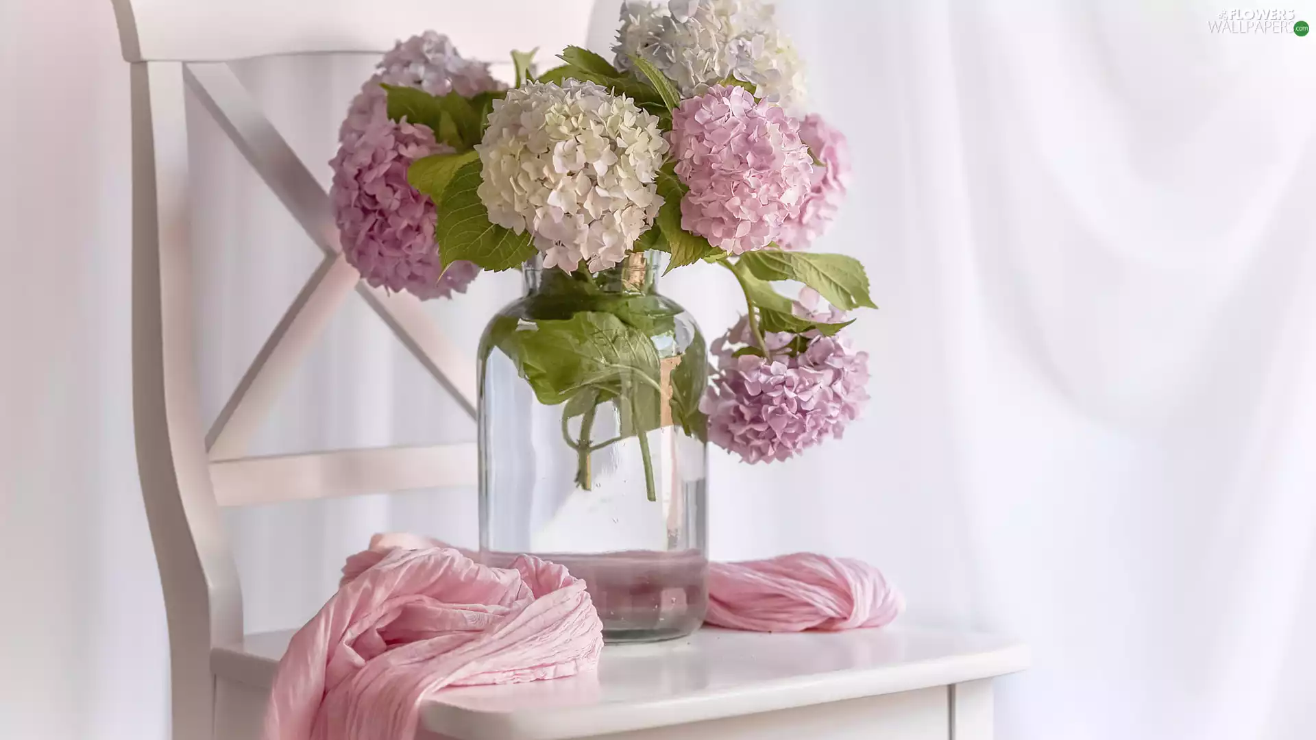 bouquet, Vase, Chair, hydrangeas