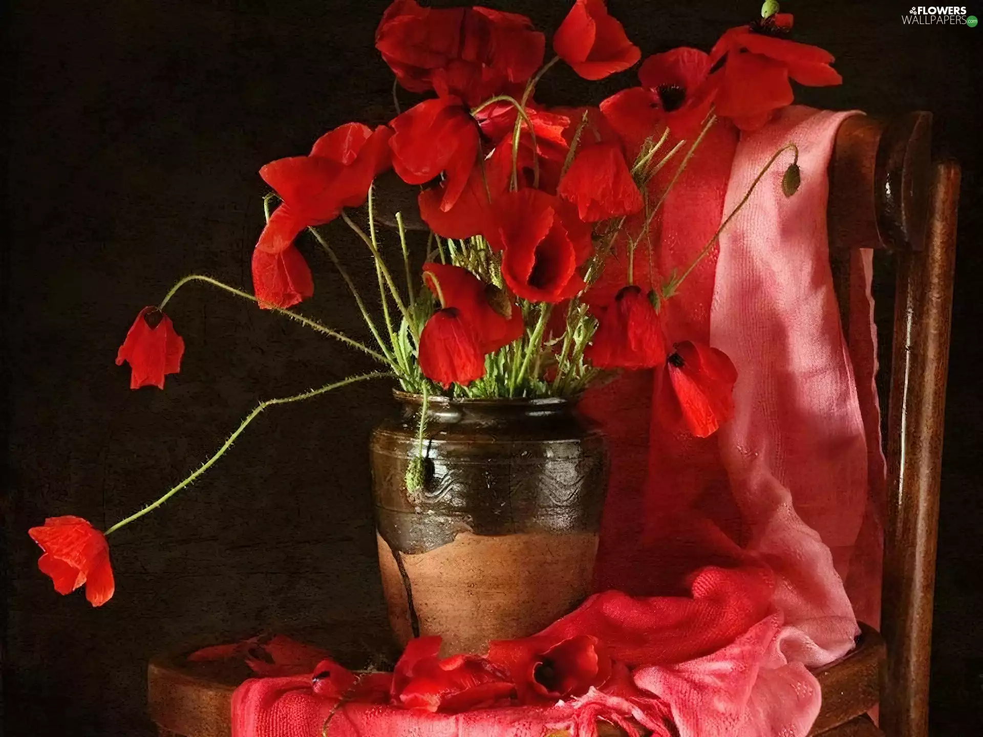 Vase, Chair, papavers, earthen, Red