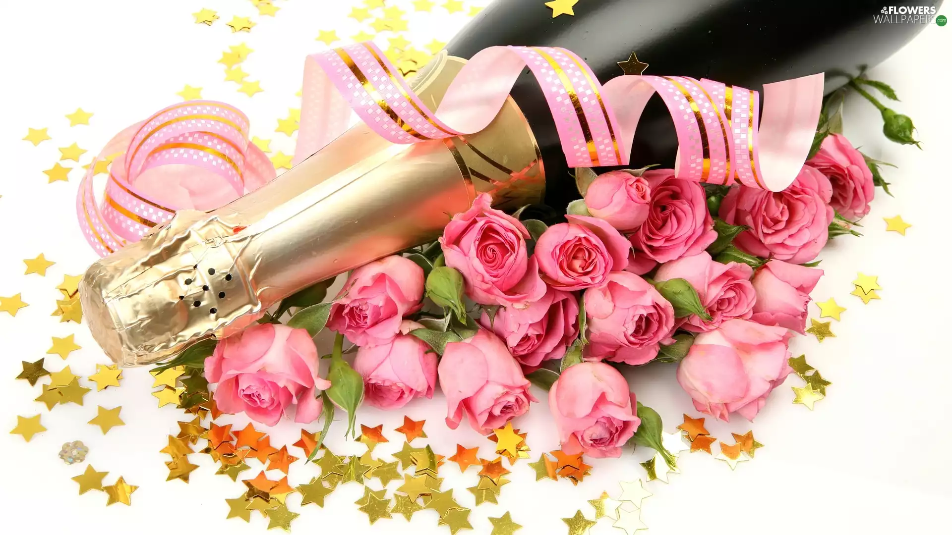 Pink, Bottle, champagne, roses