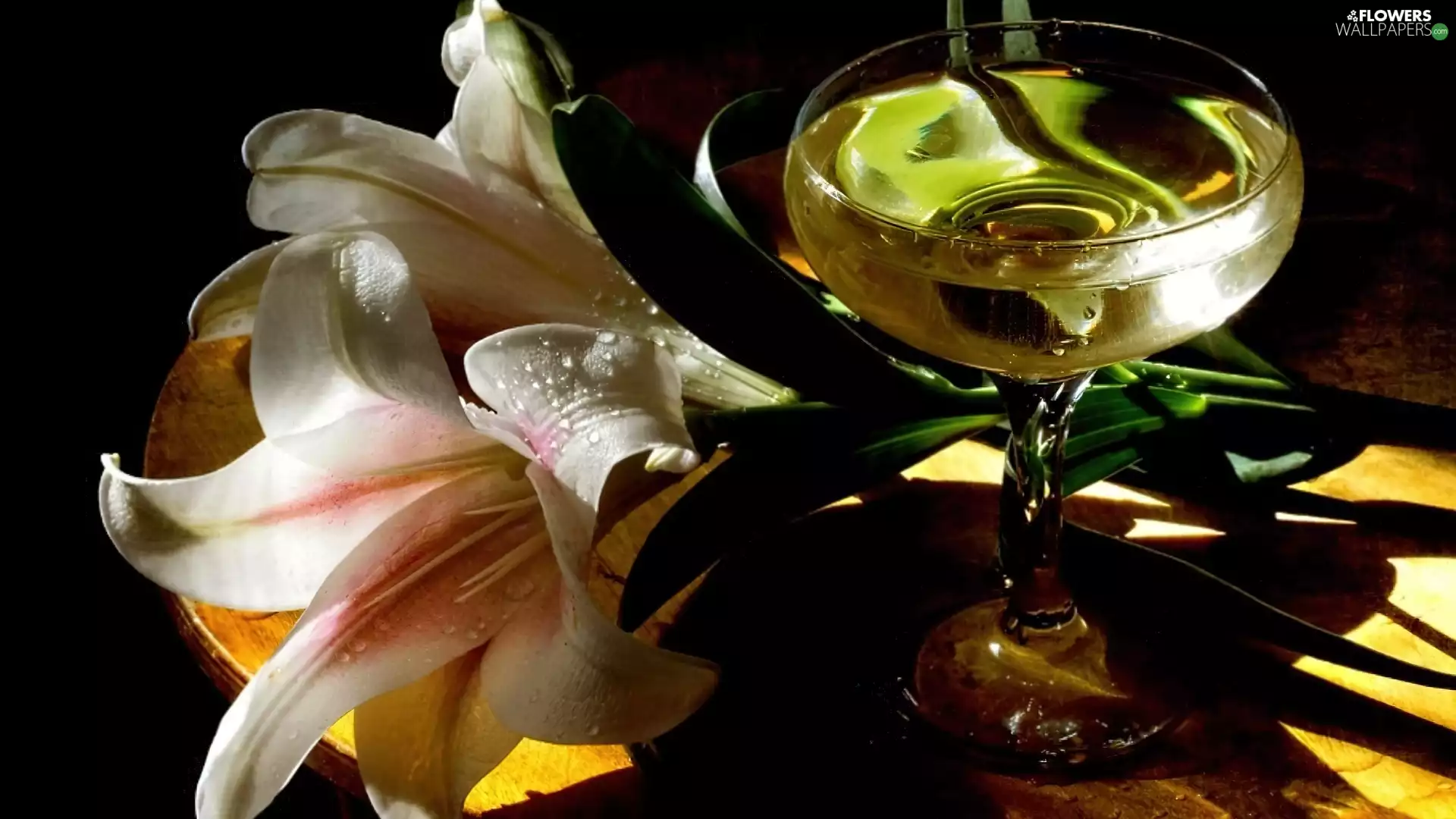 glass, Champagne, White, lilies, Flowers