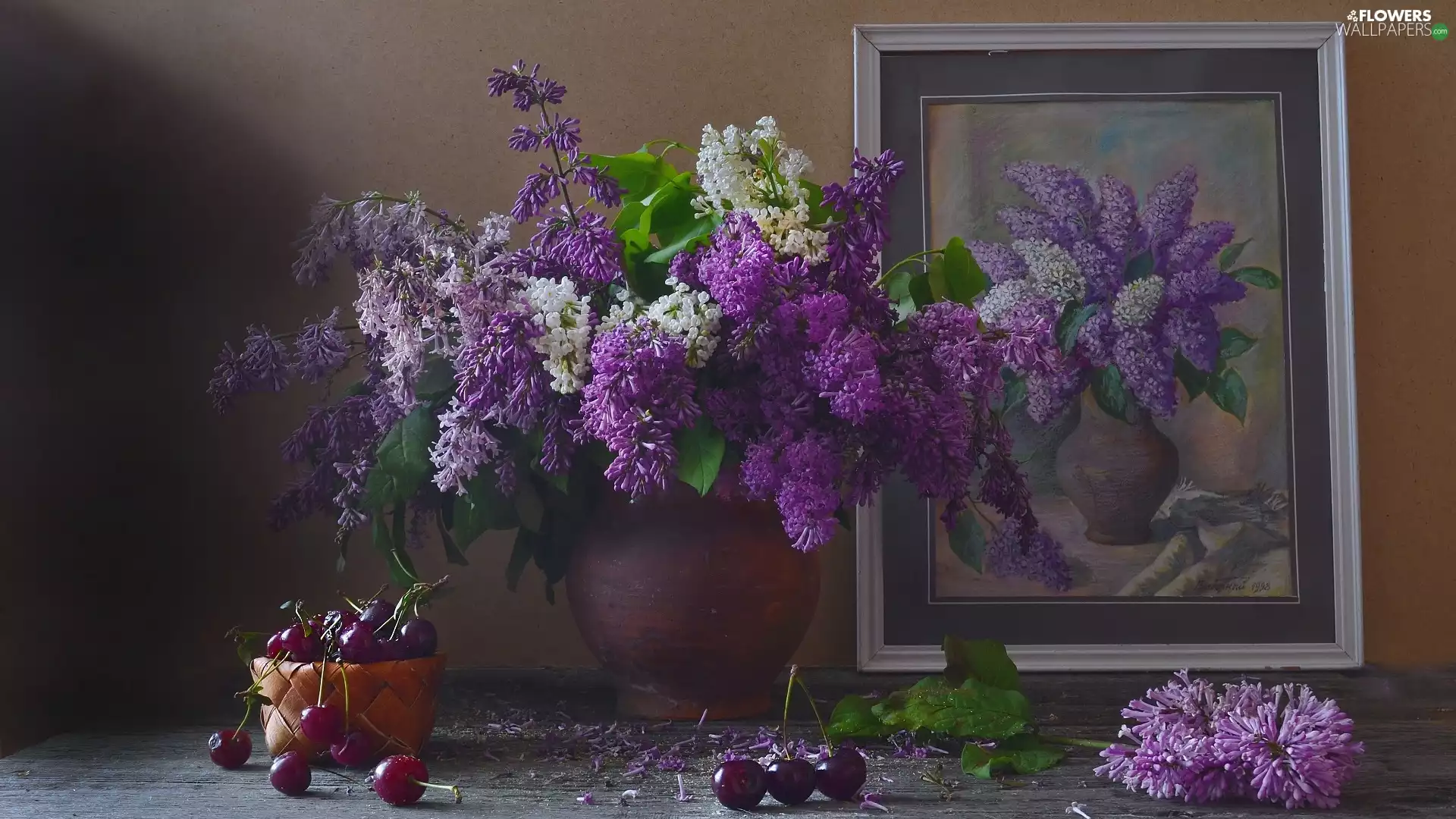 picture, cherries, bouquet, without, Vase