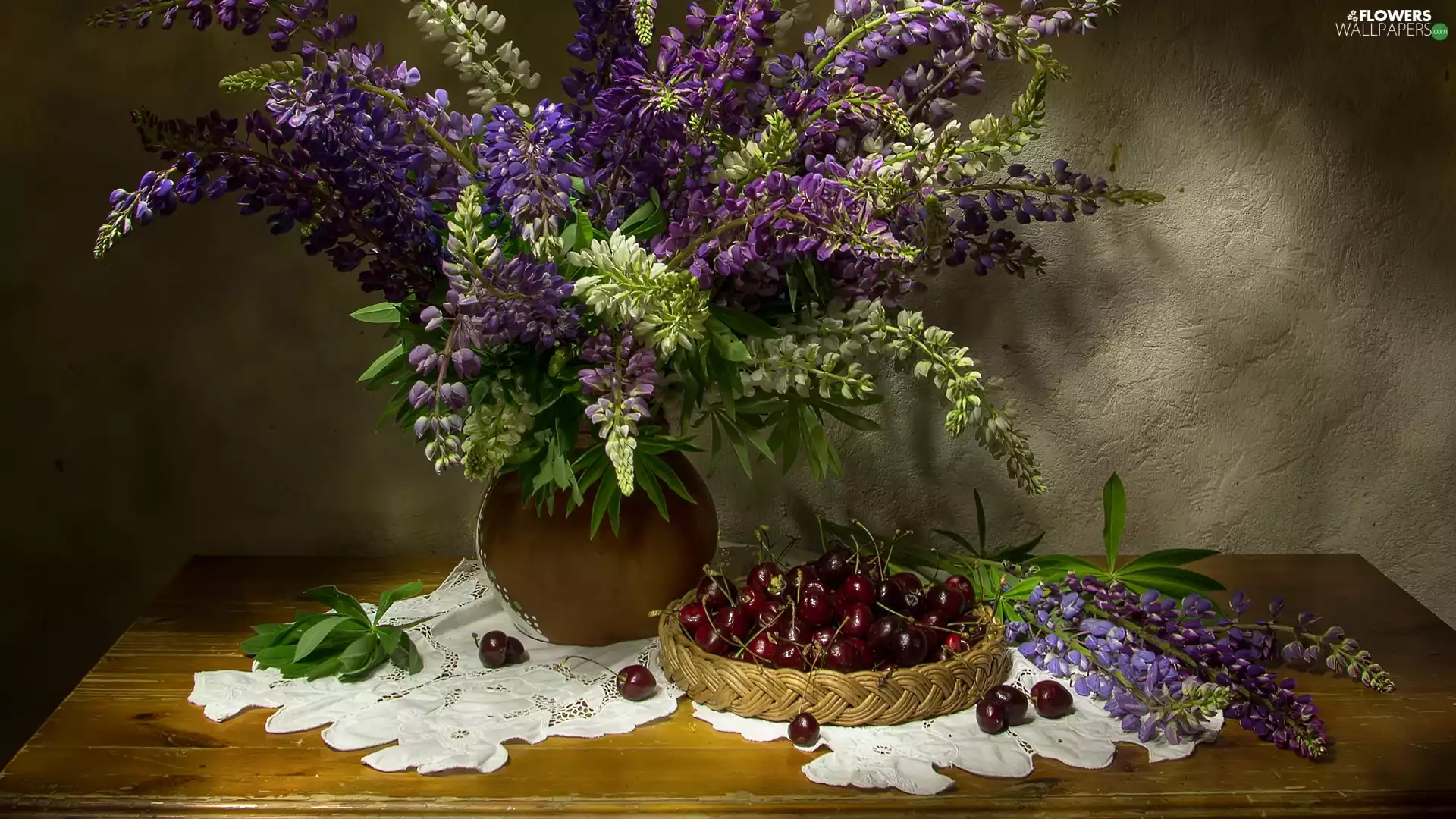 basket, cherries, lupine, Vase, Table