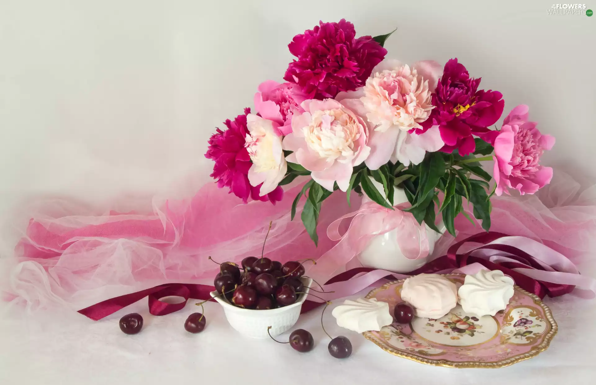 Peonies, meringues, composition, cherries
