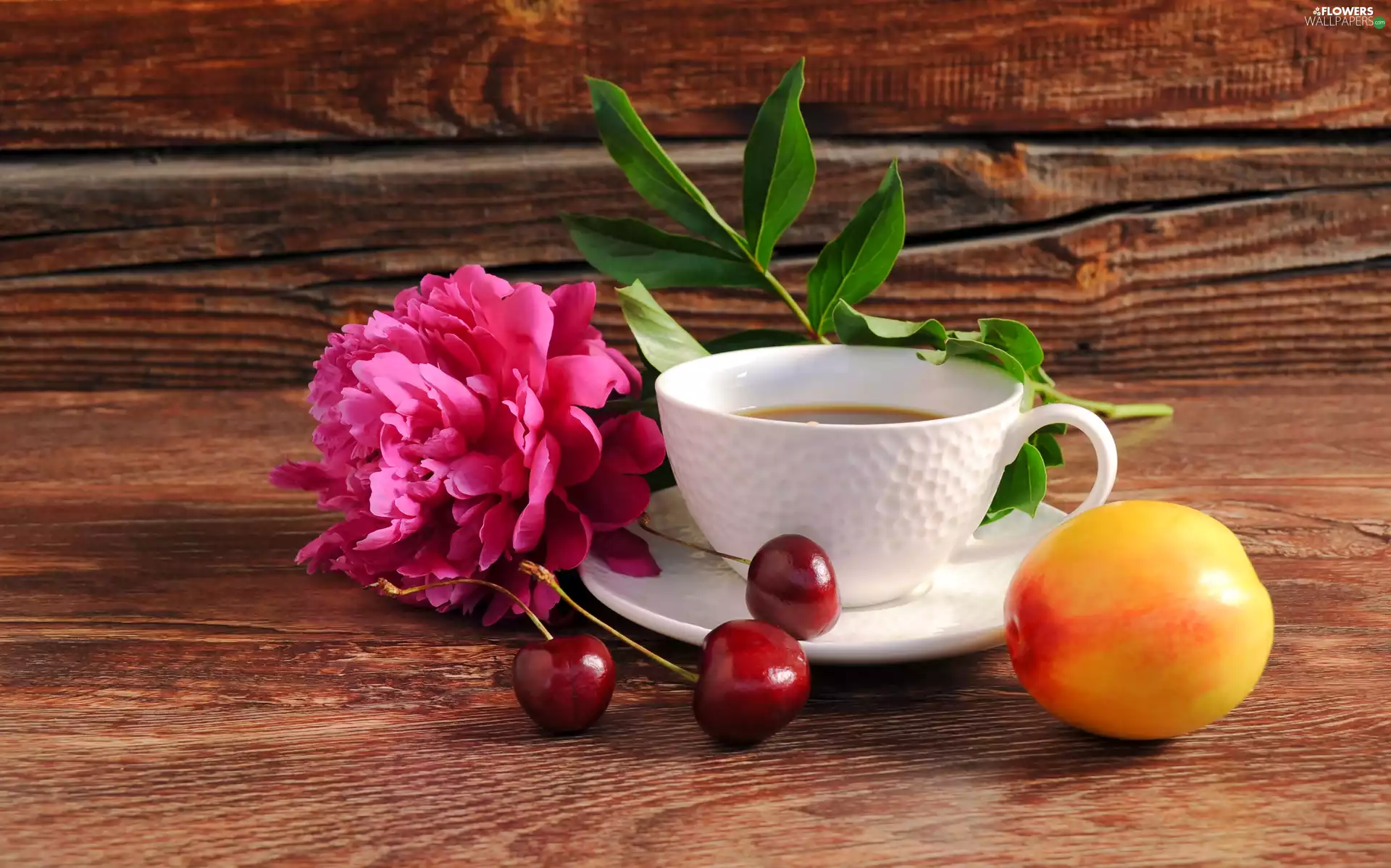 cherries, peony, coffee, cup, composition