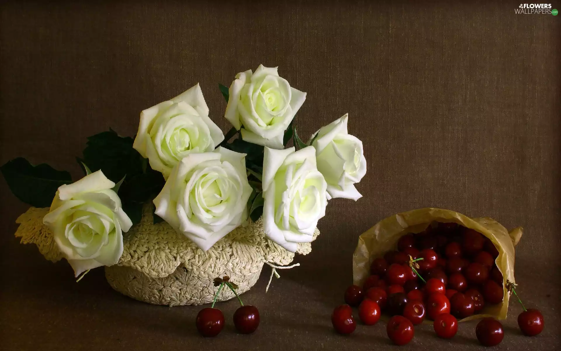 White, Hat, cherries, roses