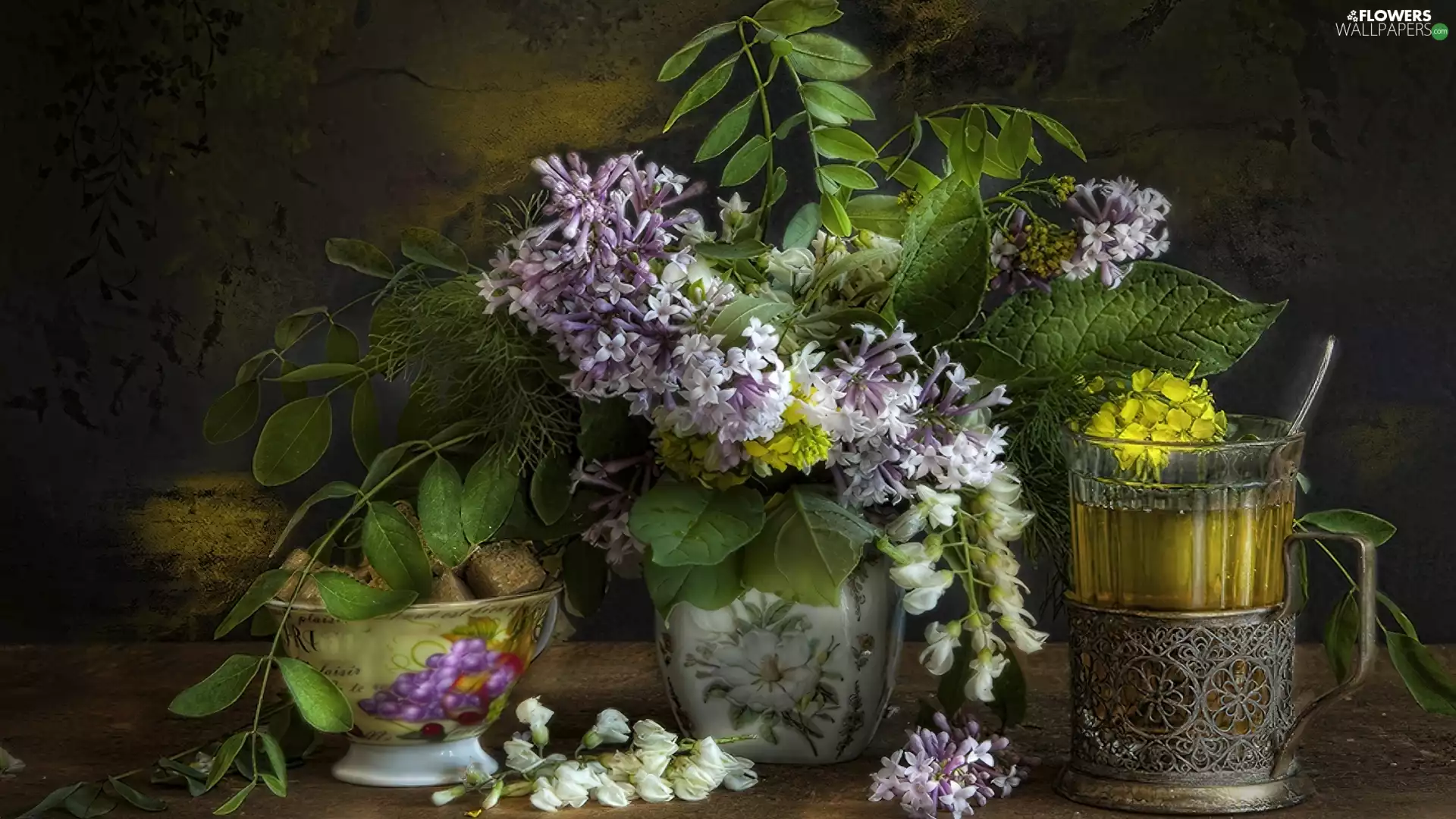 bouquet, acacia, china, Lilacs - Flowers wallpapers: 1920x1080