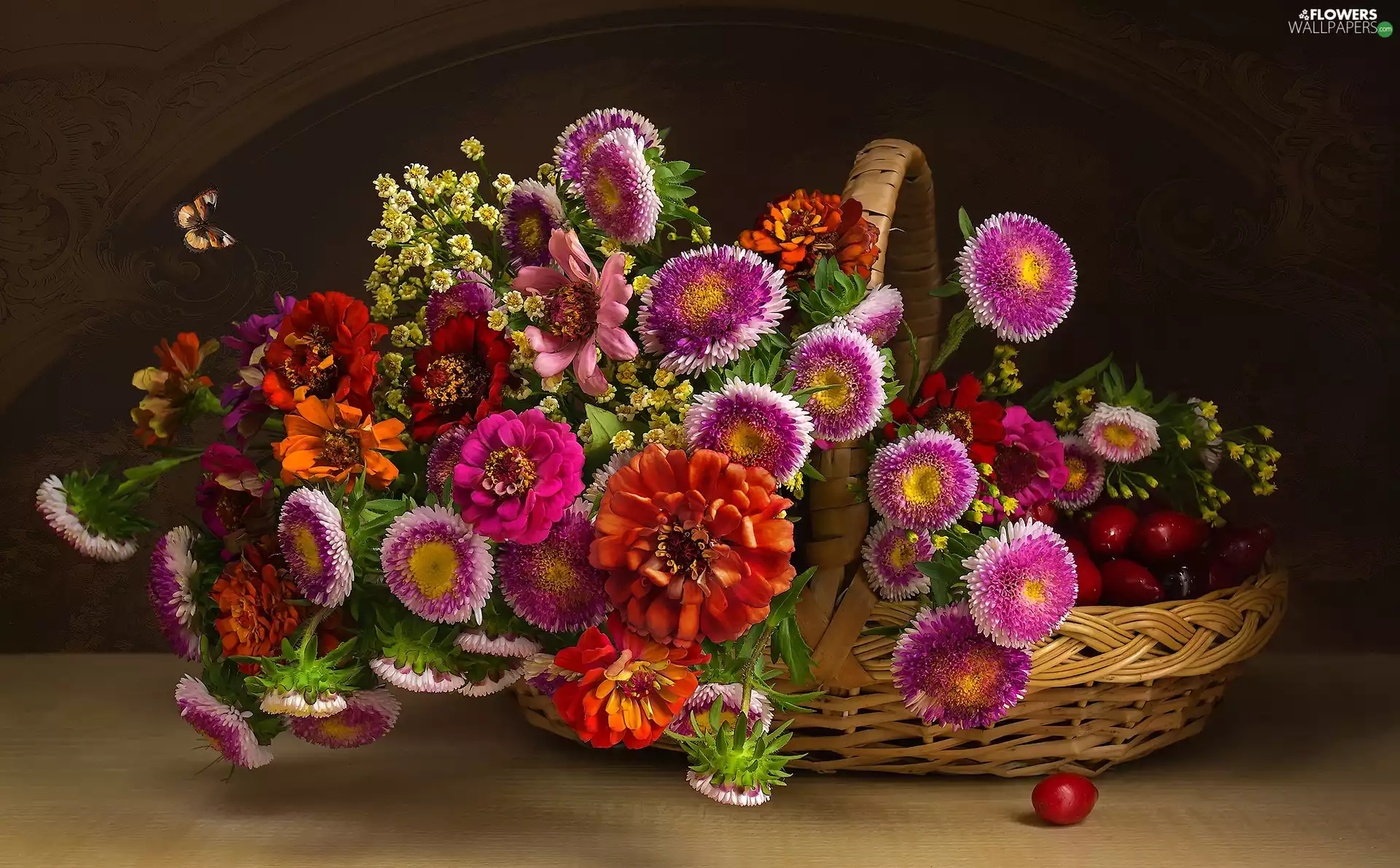 China Aster, Bouquet of Flowers, Fruits, Japanese cornel, Zinnias, basket