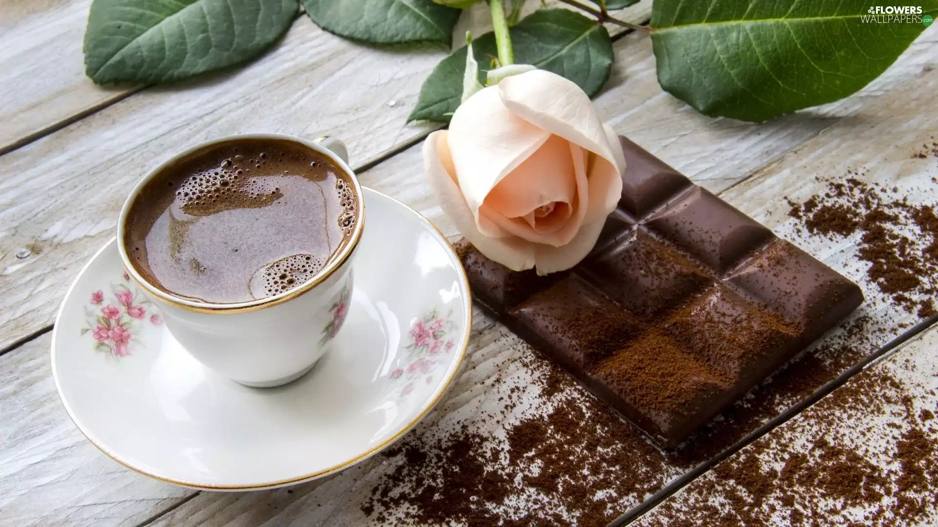 rose, chocolate, cup, coffee, composition