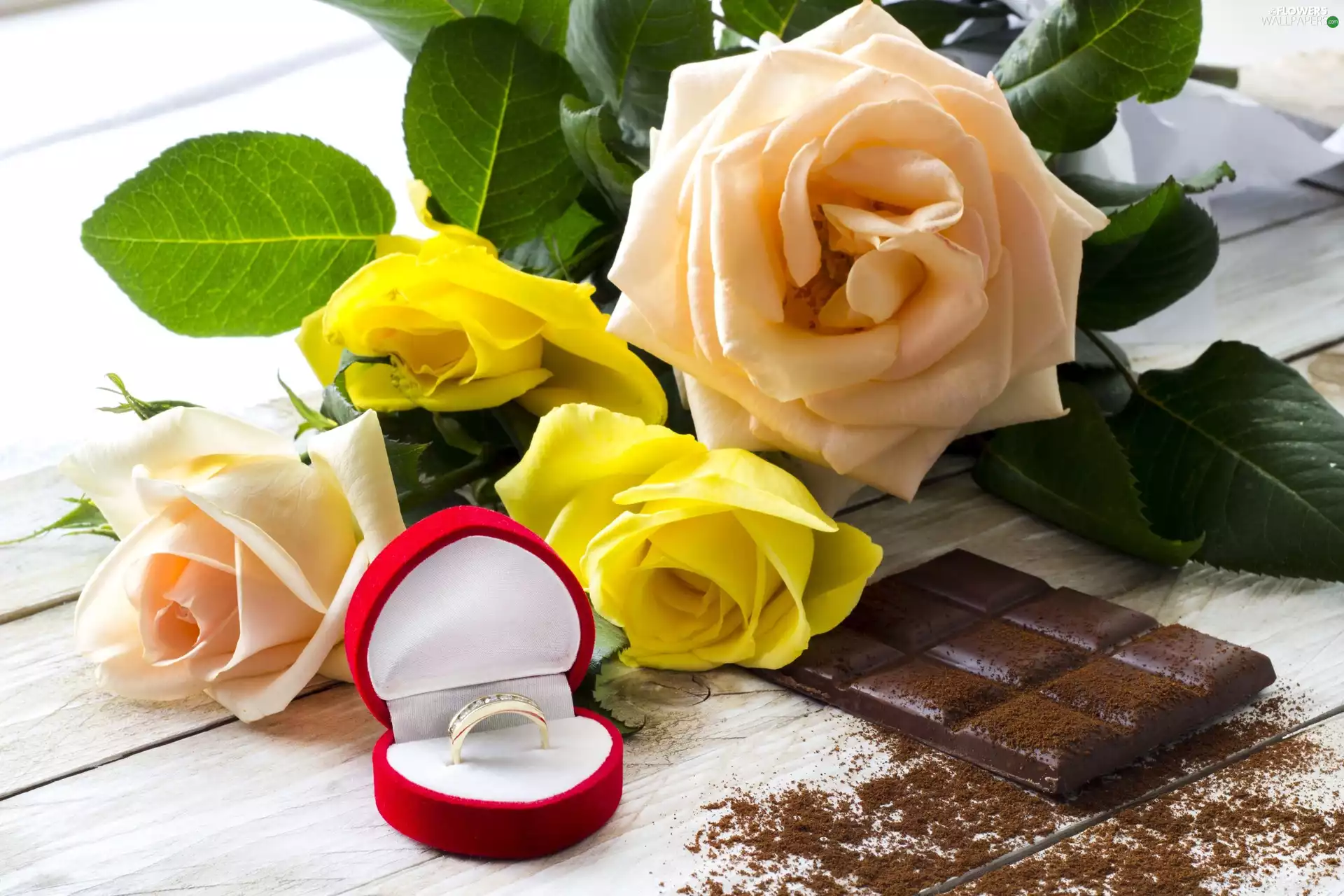 engagement, chocolate, roses, Ring, bouquet