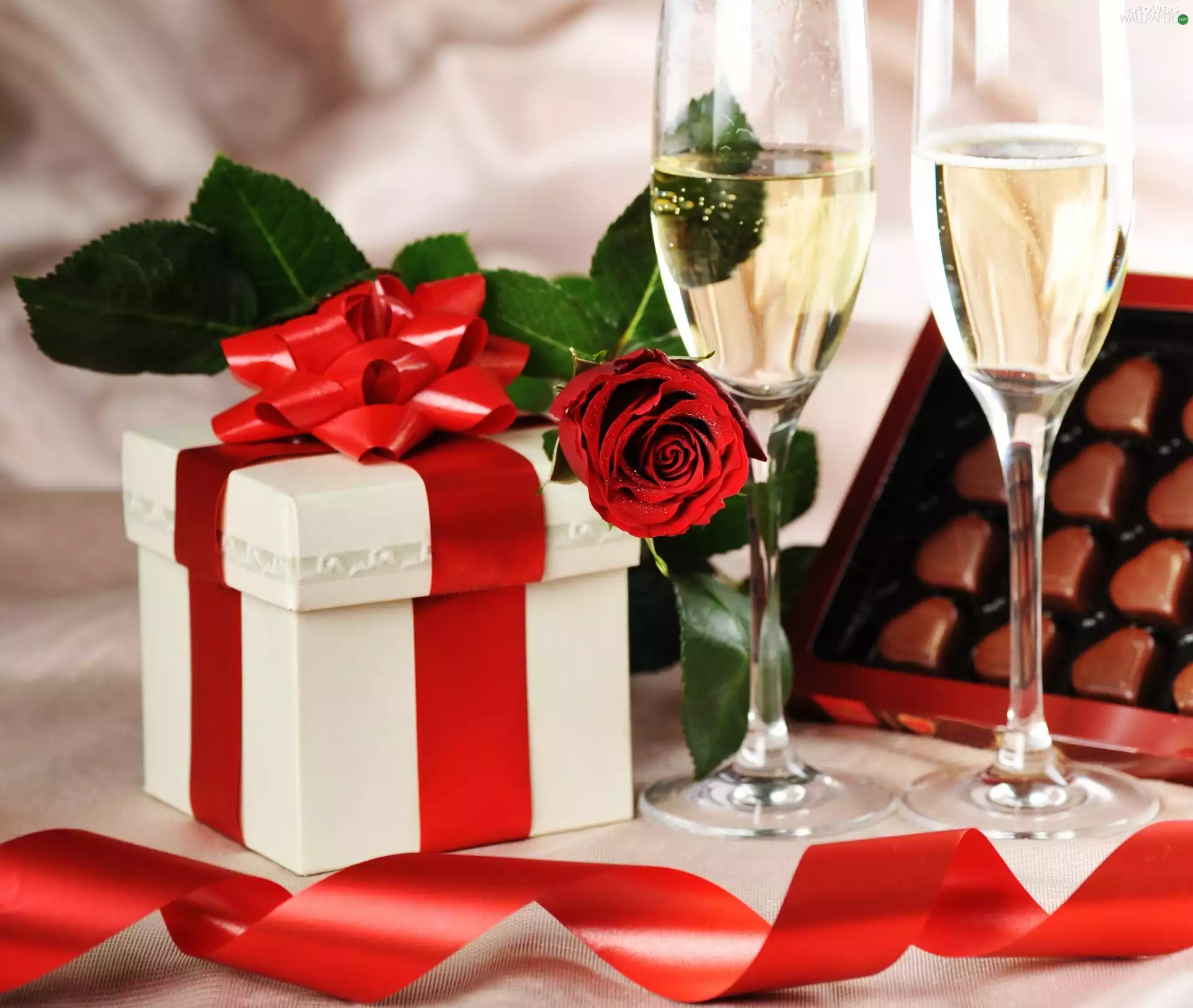 rose, glasses, Chocolates, ribbon, Present, Champagne
