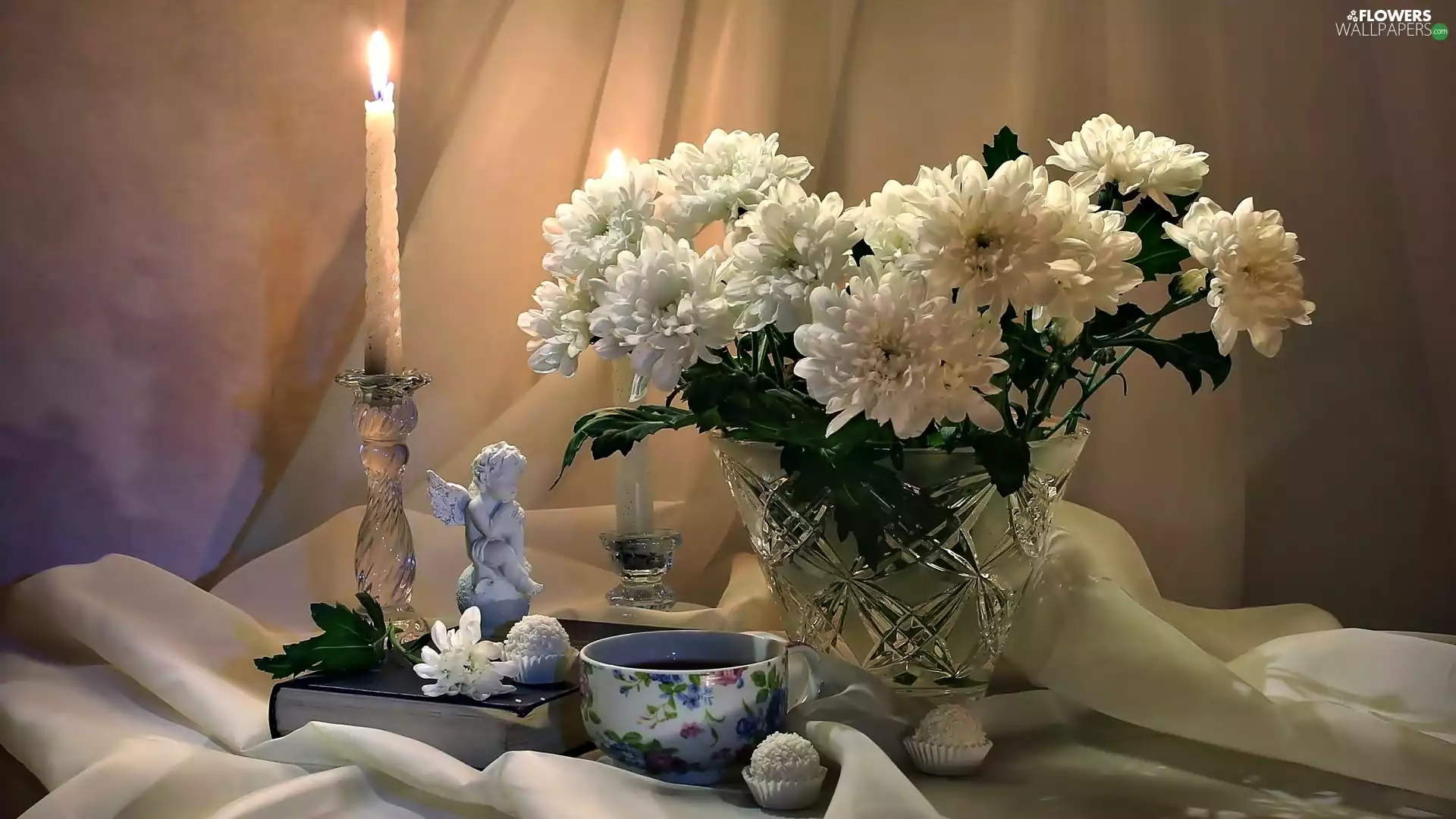 candle, bouquet, angel, Chrysanthemums, composition, Book, cup